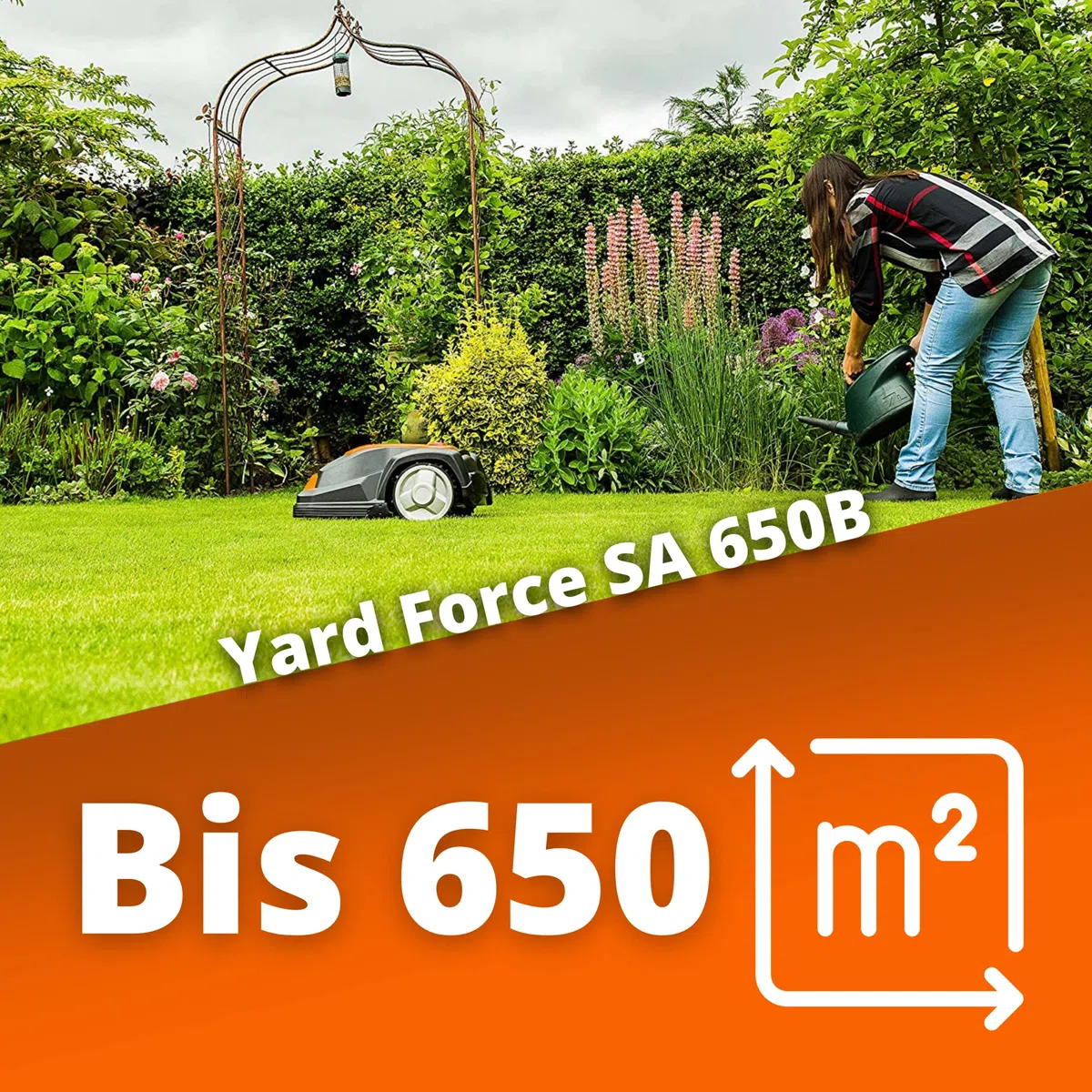 YARD FORCE Kosiarka SA650B do 650 m² – samobieżna kosiarka z funkcją Bluetooth i aplikacją, silnik bezszczotkowy, 40% nachylenia i 28 V/2,0 Ah akumulator litowo-jonowy, Czarna/pomarańczowa