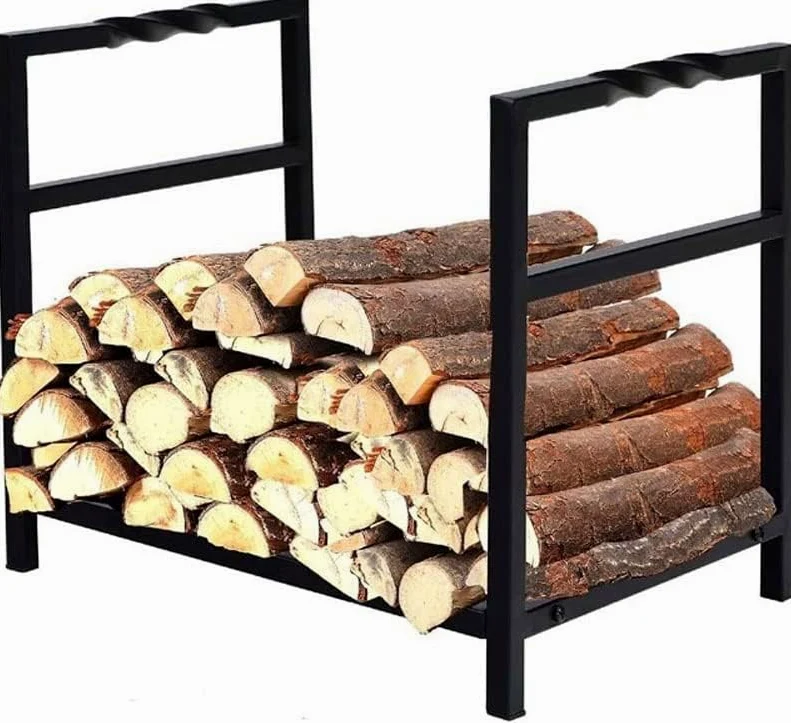 Stojak na drewno opałowe, stojak na drewno opałowe, metalowe uchwyty na drewno opałowe, do wewnątrz i na zewnątrz, wytrzymałe kute żelazo, czarne żelazo, przechowywanie drewna opałowego.