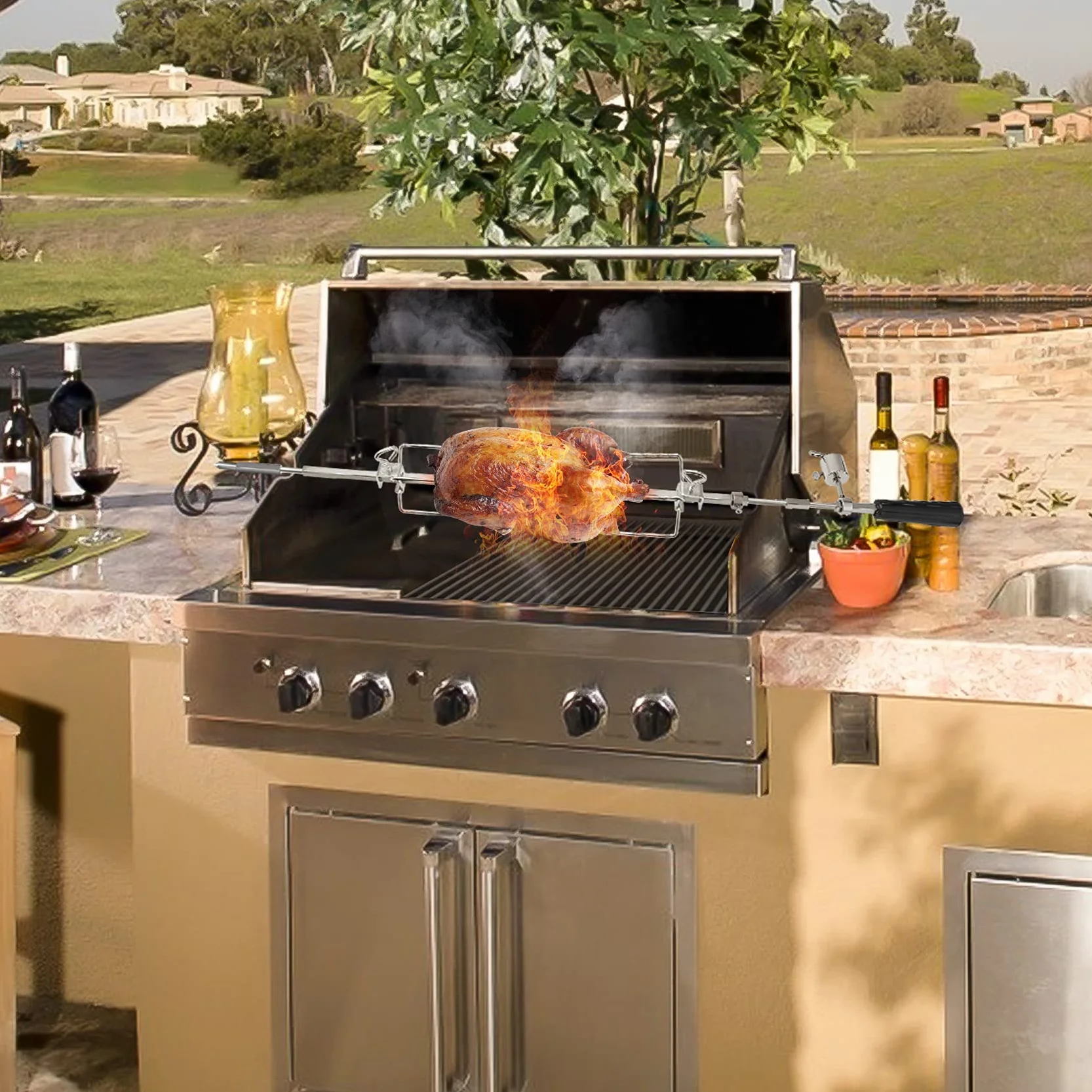 Onlyfire BRK-6013 Zestaw szpikulców ze stali nierdzewnej do grilli gazowych Weber Spirit 300, Genesis 300 i starszych modeli, zawiera 2 igły do mięsa, silnik, 220V-240V, rożen obrotowy, rożen obrotowy