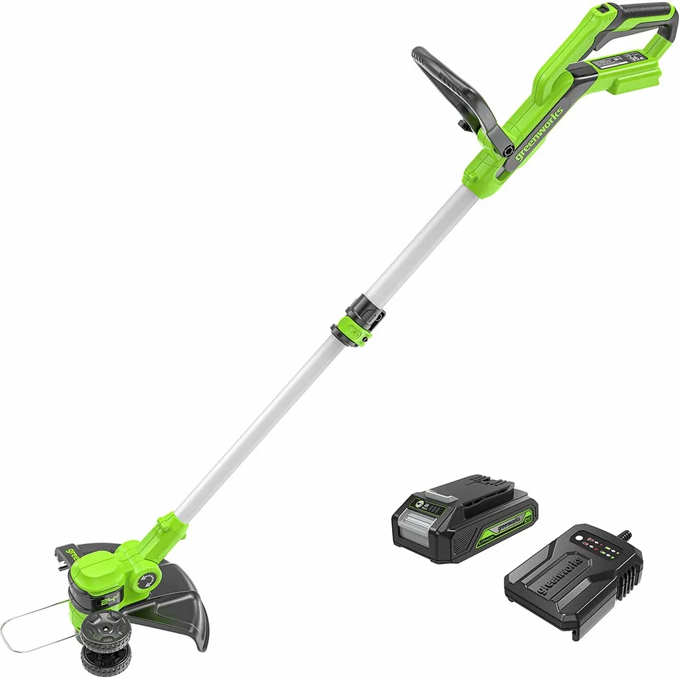 Greenworks G24LT30K2 Akumulatorowa Podkaszarka do Małych i Średnich Ogrodów, Szerokość Cięcia 30 cm, Automatyczny Wysuw Żyłki Nylonowej 1,65 mm, Bateria 24V 2Ah i Ładowarka