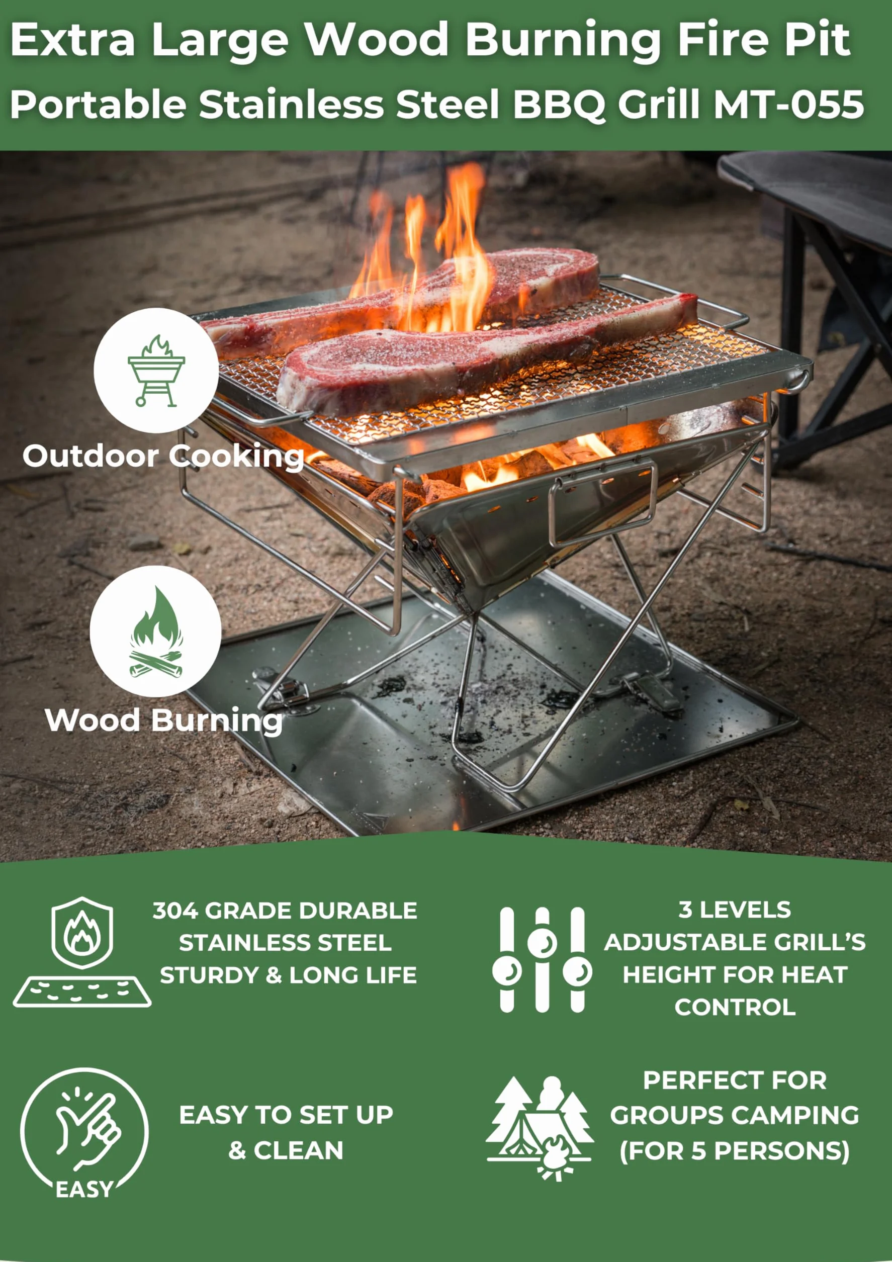 CAMPINGMOON Przenośny grill opalany drewnem ze stali nierdzewnej 50 cm z torbą transportową MT-055