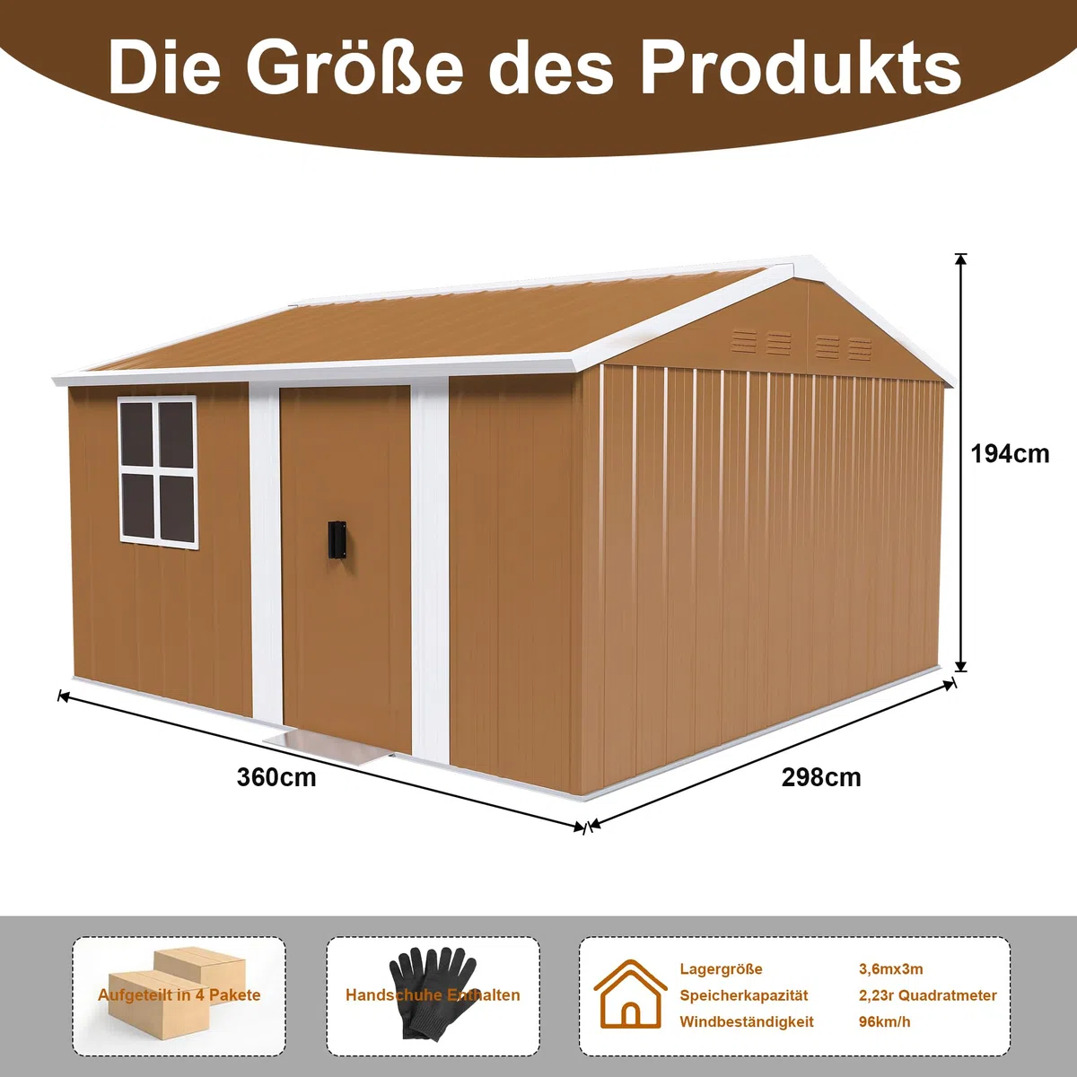 Metalowa szopa na narzędzia, 360 x 298 cm – duży domek ogrodowy ze stali z oknami, odporna na warunki atmosferyczne szafka na narzędzia, zamykane podwójne drzwi przesuwne i wentylacja, szopa ogrodowa