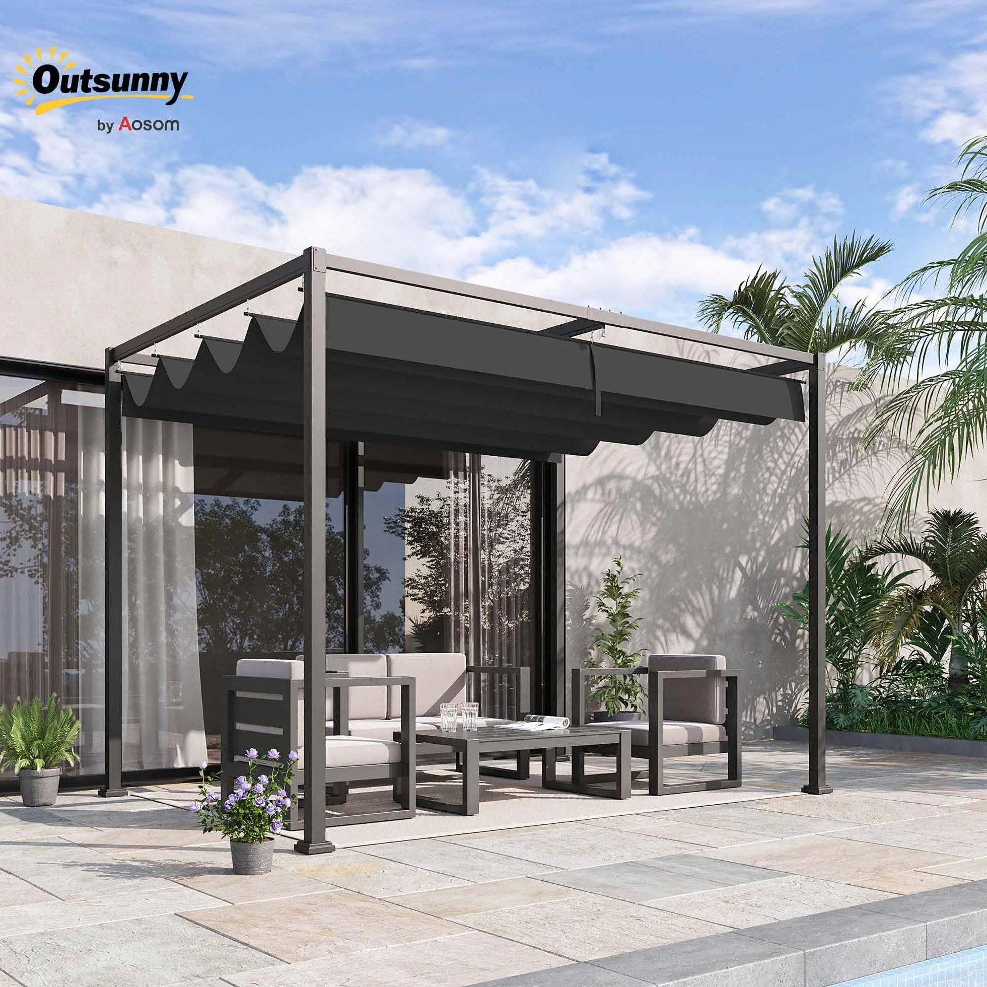 Outsunny Pergola Pawilon zadaszenie tarasu z rozsuwanym dachem, poliester czarny 298 x 213 x 222 cm