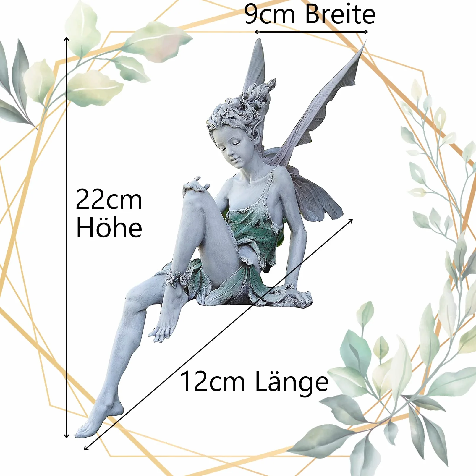 Siedząca wróżka, dekoracja ogrodowa, figurki ogrodowe do użytku na zewnątrz, wysokość 22 cm, siedząca, magiczna statuetka wróżki, elfy z żywicy, rzeźba ze skrzydłami, zielona