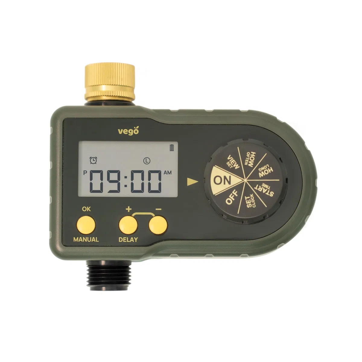 Vego Timer węża zraszacza, 1-strefowy z mosiężnym wlotem i wylotem, wodoodporny automatyczny system nawadniania IP54 z 3 trybami inteligentnymi, wyświetlaczem LCD i opóźnieniem deszczu, programowalny