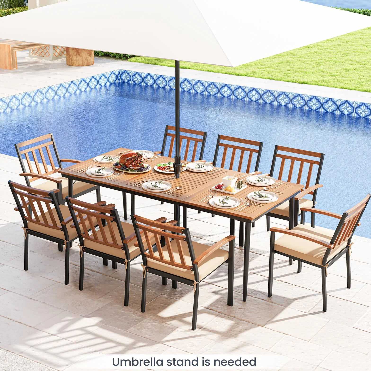 GIANTEX Stół ogrodowy z otworem na parasol Ø 5 cm, prostokątny stół zewnętrzny z drewna akacjowego dla 8 osób, metalowe nóżki, na taras, patio, 200 x 90 x 75 cm