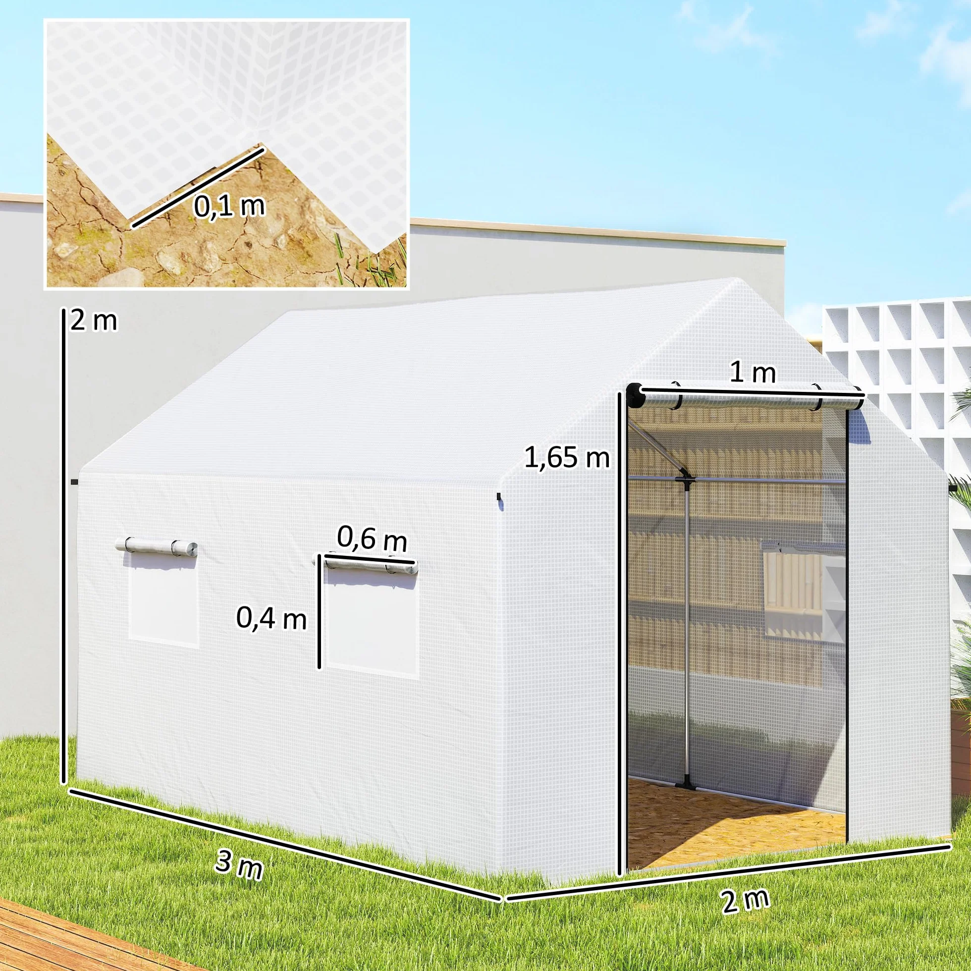 Outsunny Tunel ogrodowy szklarnia 2 x 3m 6m² stal ocynkowana PE biała