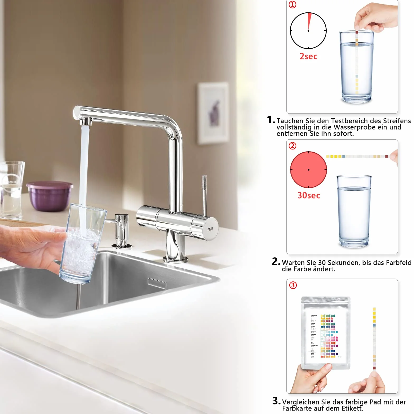 Tester wody pitnej 16 w 1, 50 sztuk, do pomiaru całkowitej twardości wody pitnej, oraz sprawdzania obecności chloru, żelaza, miedzi, ołowiu, azotanów i wielu innych