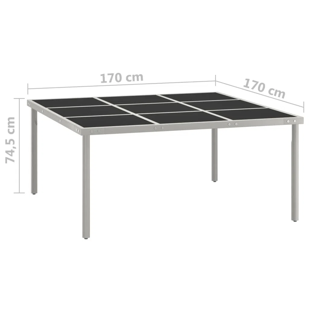 Stół do jadalni ogrodowy, 170 x 170 x 74,5 cm, ze szkła i stali malowanej proszkowo, stół tarasowy na kolację na świeżym powietrzu, łatwy w pielęgnacji, wytrzymały stelaż do wieloletniego