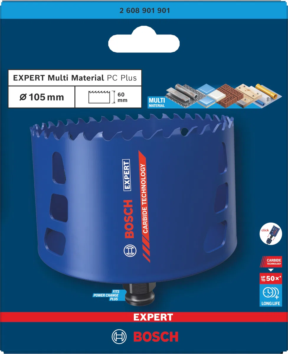 Bosch 1x Piła otwornica EXPERT Multi Material Power Change Plus (do Drewno z metalem, Cegła, Ø 105 mm, Professional Akcesoria Wiertarki)