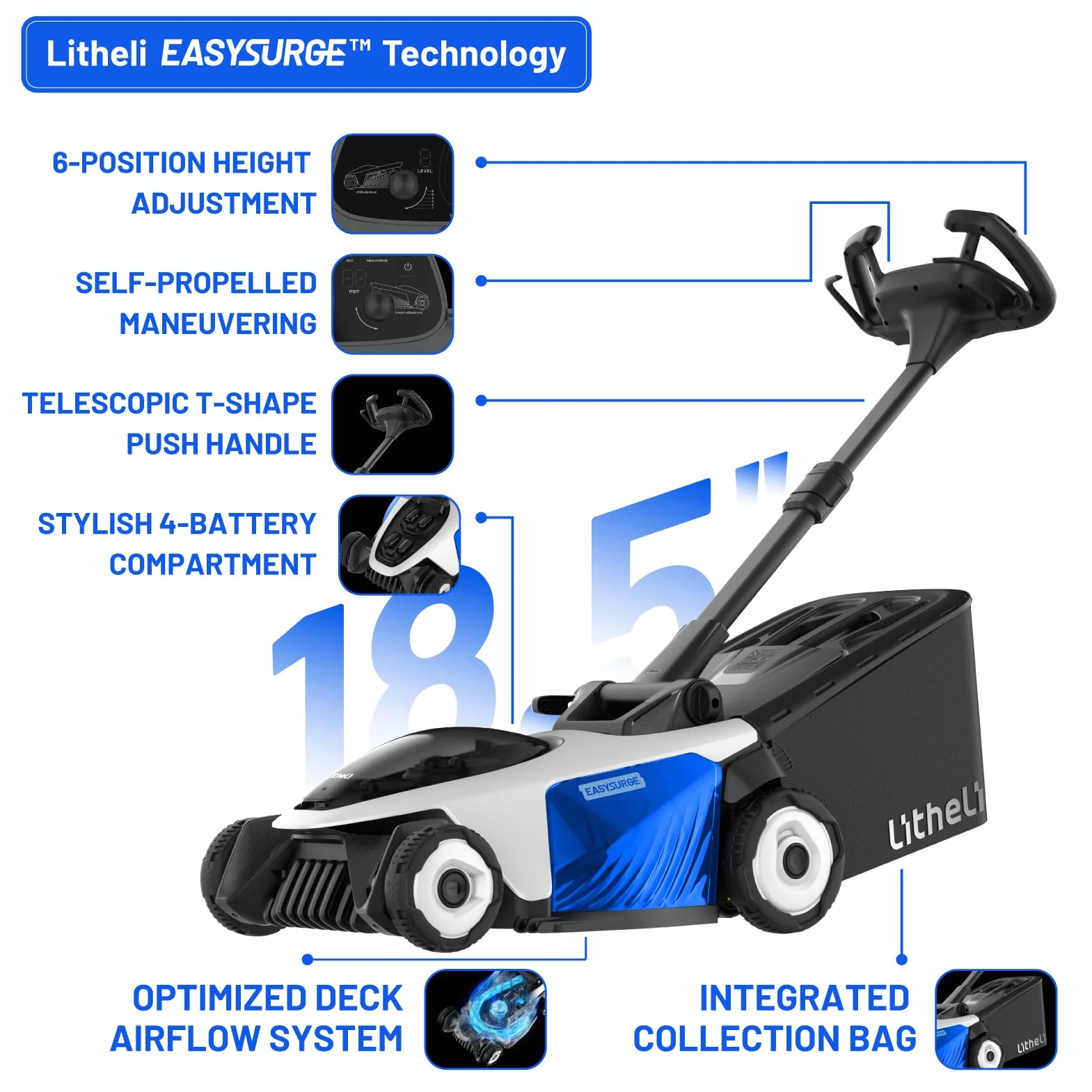 Litheli EASysurge akumulatorowa kosiarka do trawy 43 cm, 2 x bateria 20 V 4,0 Ah, napęd własny (2,2 – 4,7 km/h), regulowana wysokość 25-75 mm, worek 50 l, do trawników do 500 m²