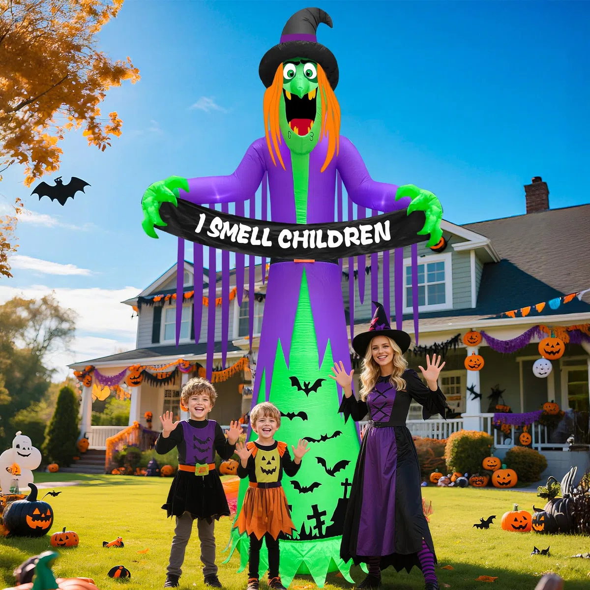 TURNMEON Ogromne nadmuchiwane przedmioty na Halloween, dekoracje na zewnątrz, straszna czarownica trzyma zapach dzieci, baner LED do wysadzania podwórka, dekoracja na Halloween, ogród, trawnik,