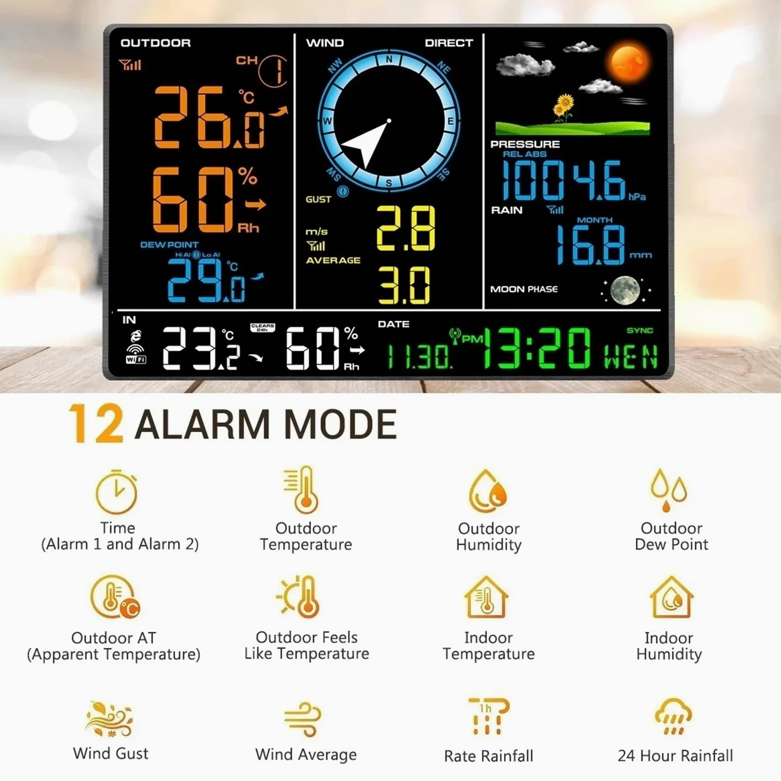 Internetowa bezprzewodowa stacja pogodowa Prognoza pogody Temperatura Ciśnienie Wilgotność Wiatr Deszcz Wskaźnik Księżyca Fraza Tester budzika Duży ekran(WiFi Weather Station)