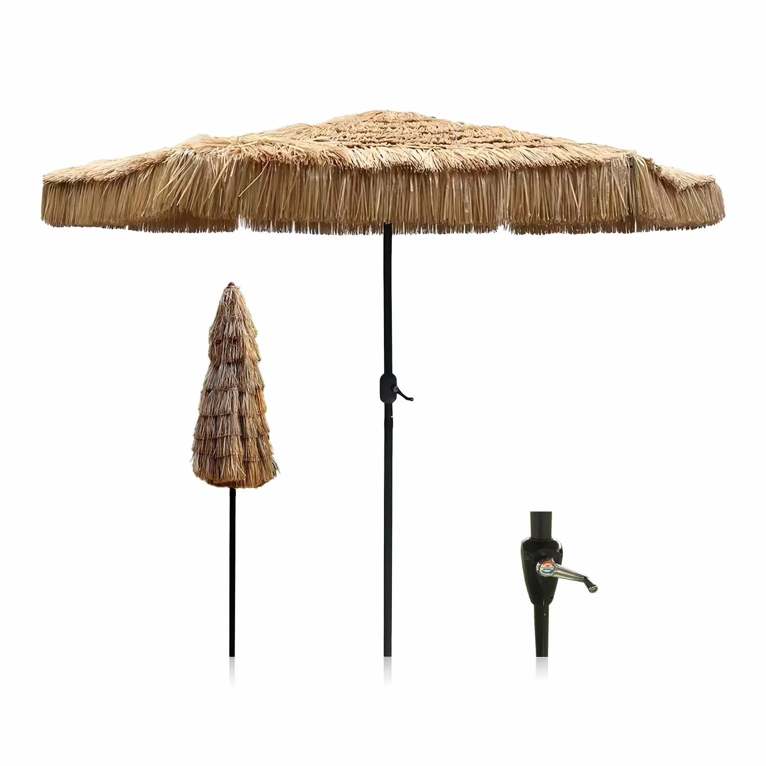 Duży Parasol Plażowy Słomiany z Korbką 2,7 m, 8 Żeber, Ochrona UV