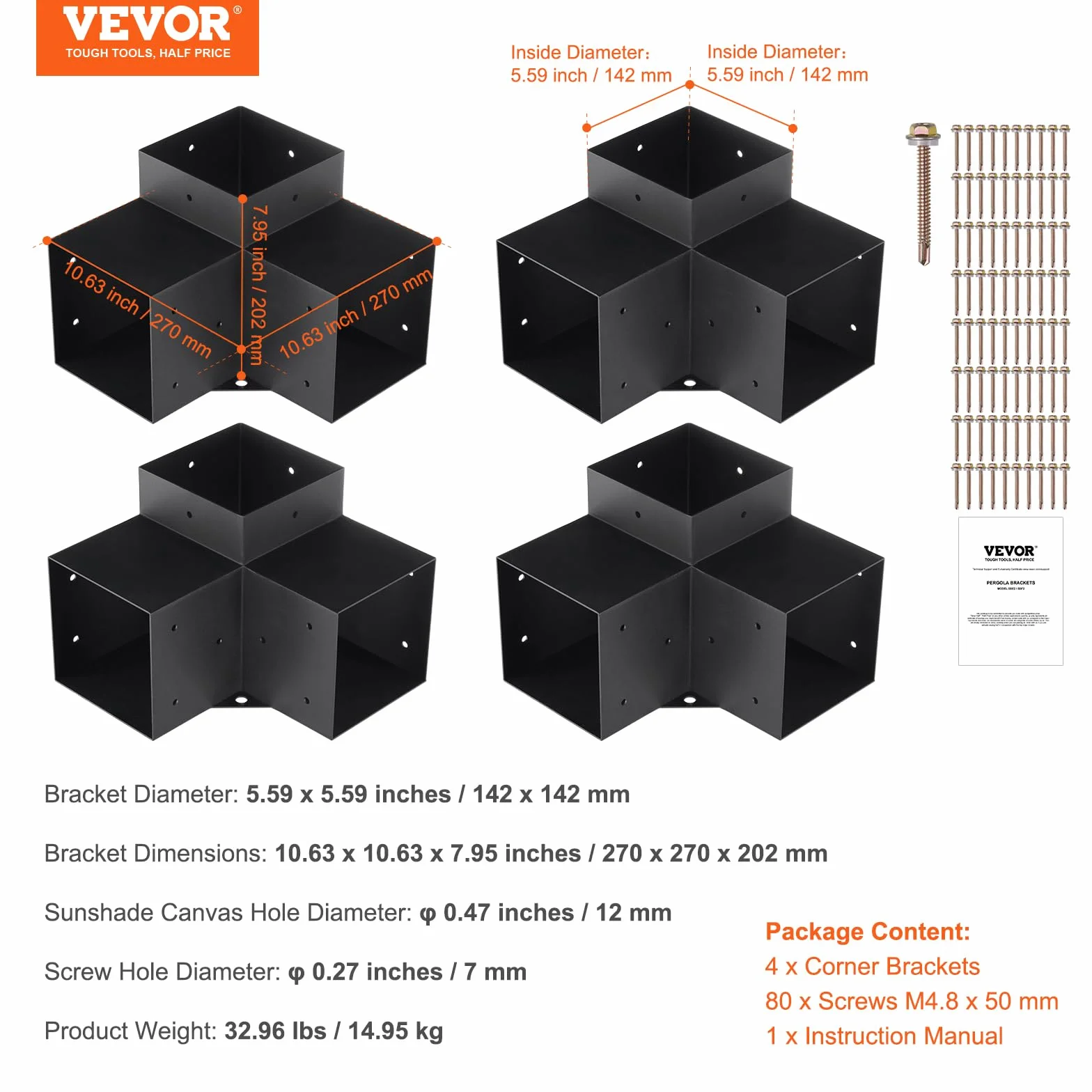 VEVOR Kit Staffe per Pergola 15x15 cm Supporto per Pali in Legno da Carpenteria 4 Staffe Angolari a 3 Vie Kit per Travi Fai da Te per Gazebo, Pergolati da Patio, Cabine, Kit Staffe per Pergola 4 pz