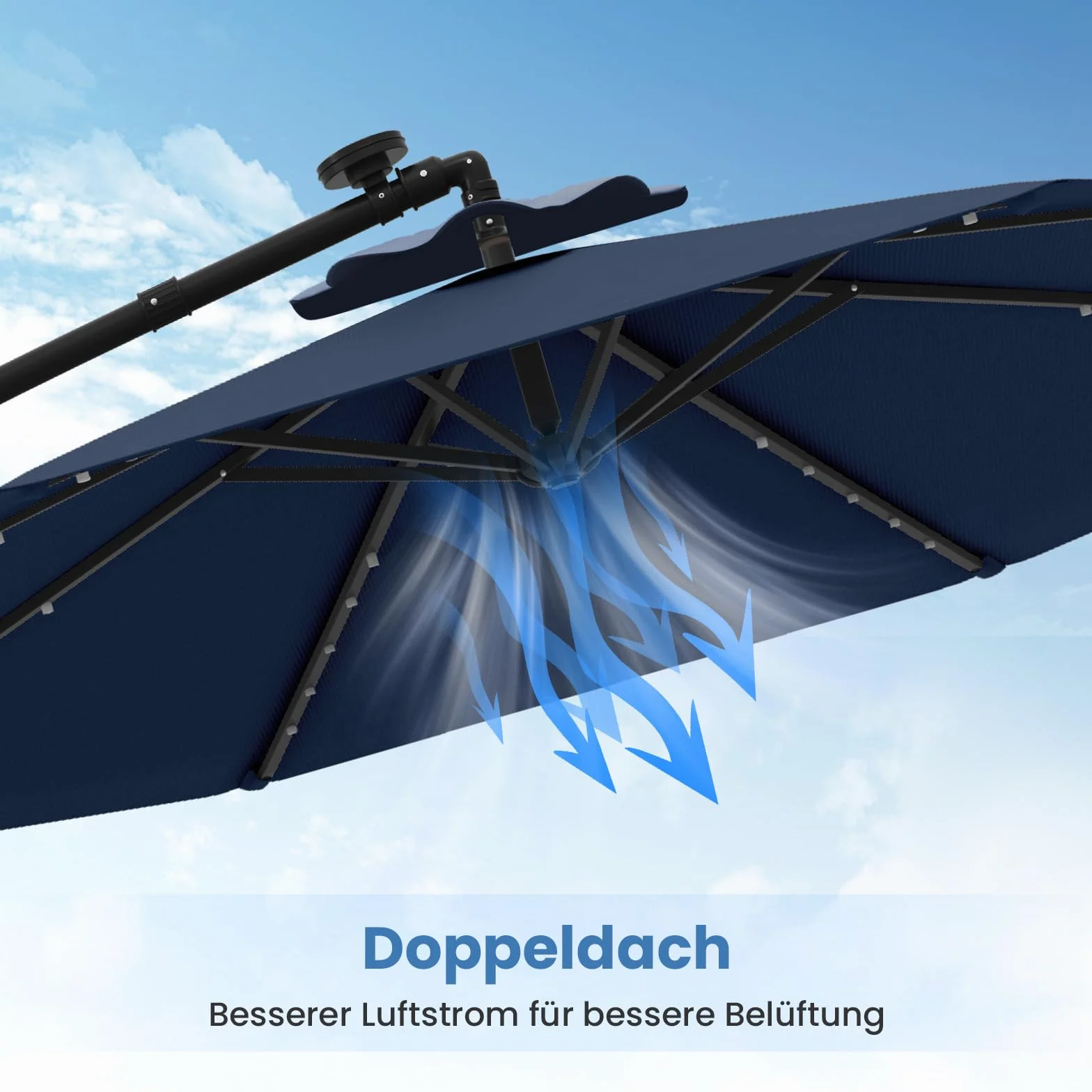 COSTWAY Parasol przeciwsłoneczny ze stojakiem i diodami LED, Ø 300 cm, z korbą, parasol ogrodowy, ochrona przed promieniowaniem UV, parasol na taras, do ogrodu, na basen, taras (niebieski)