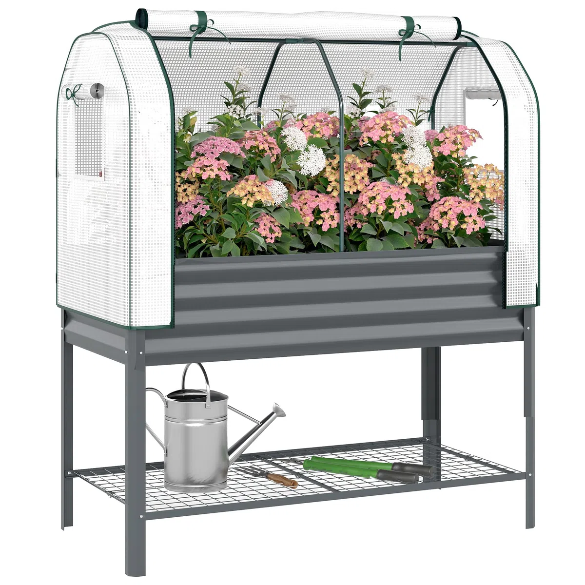 Outsunny Podwyższone łóżko ogrodowe z pokrowcem szklarniowym z metalu, skrzynka na rośliny z półką, podwyższone łóżko ogrodowe 120 x 55 x 140 cm do ogrodu, balkonu, tarasu, ciemnoszare