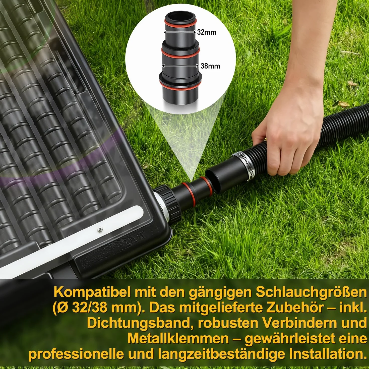 Solarne ogrzewanie basenu, kolektor solarny 110 x 65 x 35 cm, z regulacją wysokości, 10 000 l/h, przyłącze 38 mm, możliwość rozszerzenia, do ciepłej wody, prysznica ogrodowego, basenu