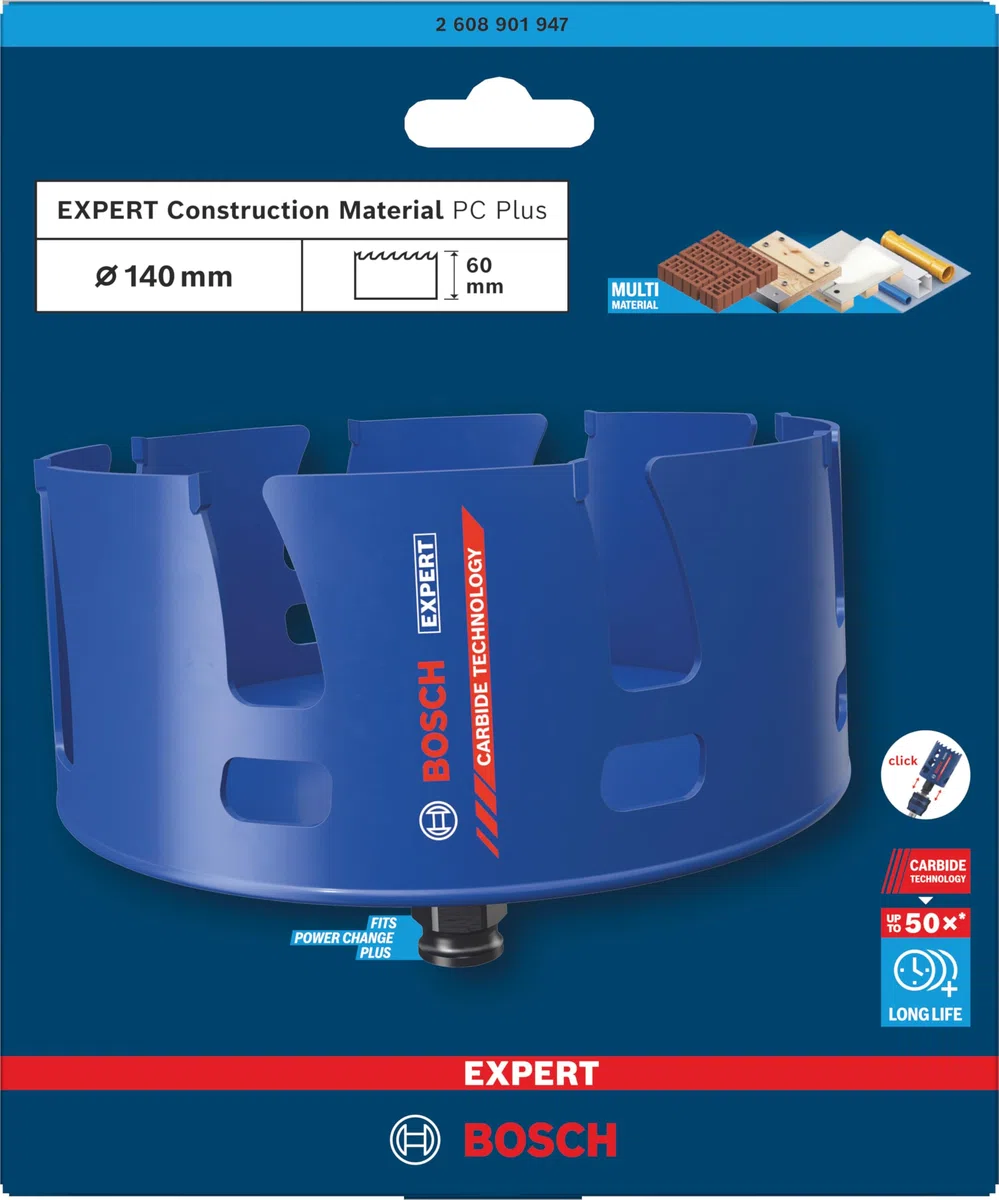 Bosch 1x Otwornica EXPERT Construction Material PC Plus (do Miękkie drewno, Płyta wiórowa, Ø 140 mm, Professional Akcesoria Wiertarki)