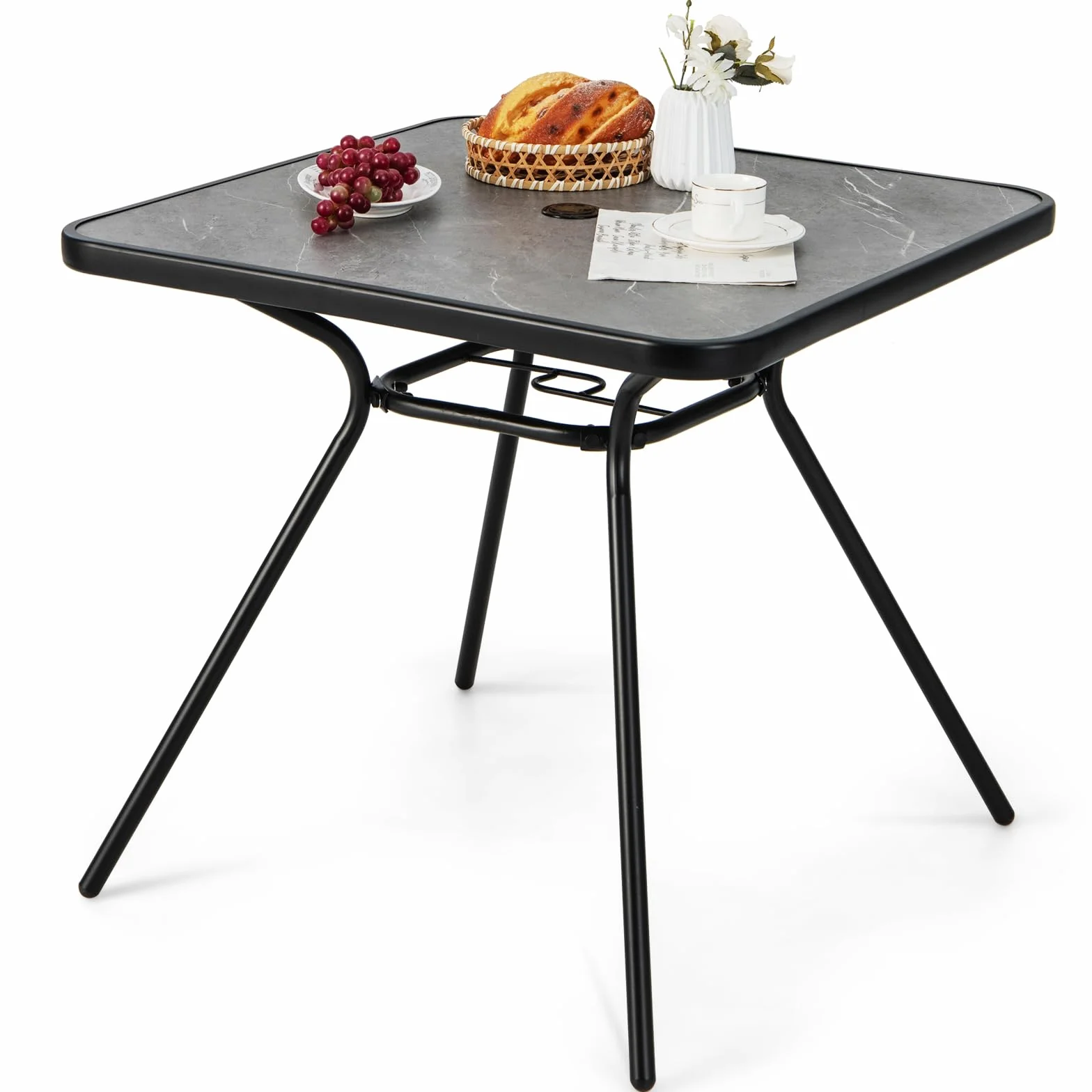 KOMFOTTEU Stolik pomocniczy z otworem na parasol, stół ogrodowy 80 x 80 cm dla 4 osób, stół balkonowy z blatem ze sztucznego marmuru, stół bistro do 100 kg, stół na balkon, taras, do ogrodu