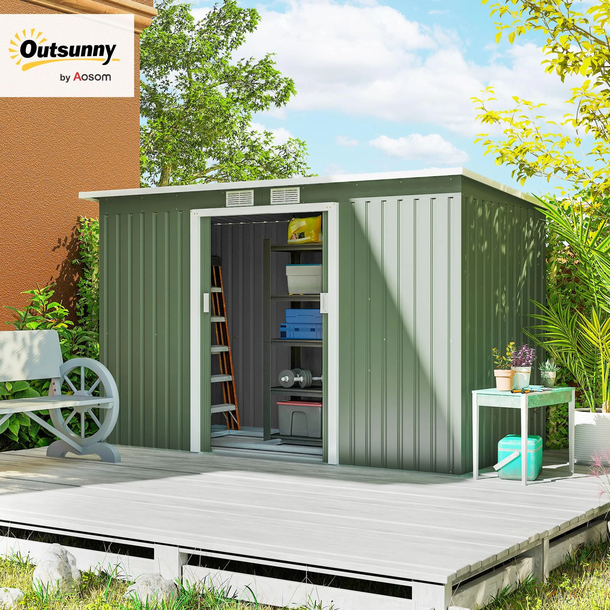 Outsunny Domek narzędziowy, Domek ogrodowy, Szopa na narzędzia z drzwiami przesuwnymi, okienka wentylacyjne, dach jednospadowy, zewnętrzny, stalowy, jasnozielony, 280 x 130 x 172 cm