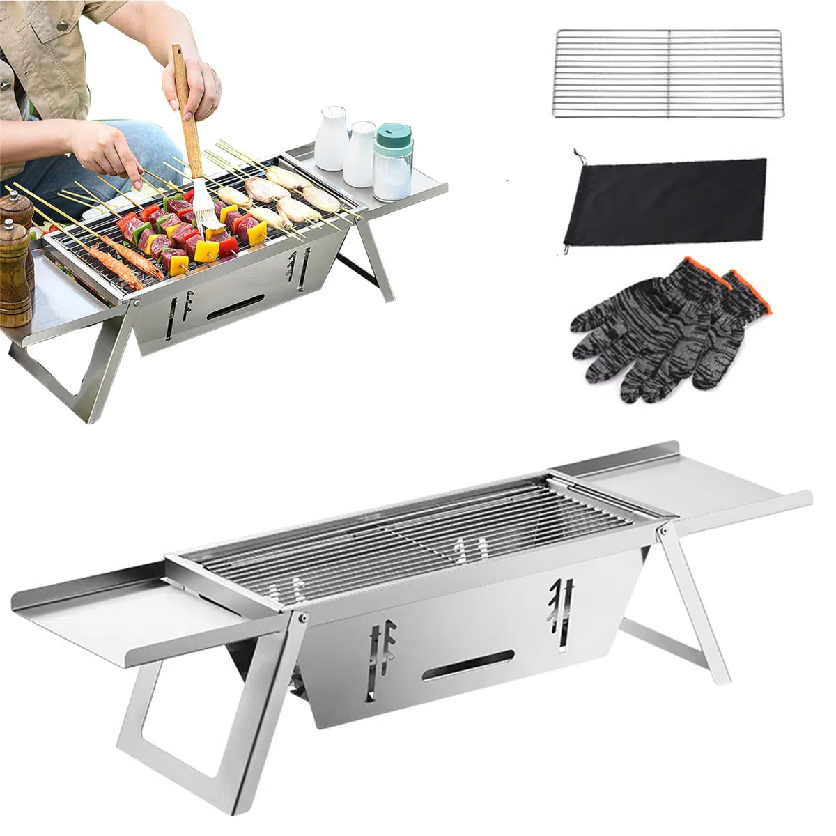 Przenośny grill na węgiel drzewny – mini składany grill ze stali nierdzewnej grill stołowy na kemping, do ogrodu, na taras, idealny sprzęt do gotowania na świeżym powietrzu