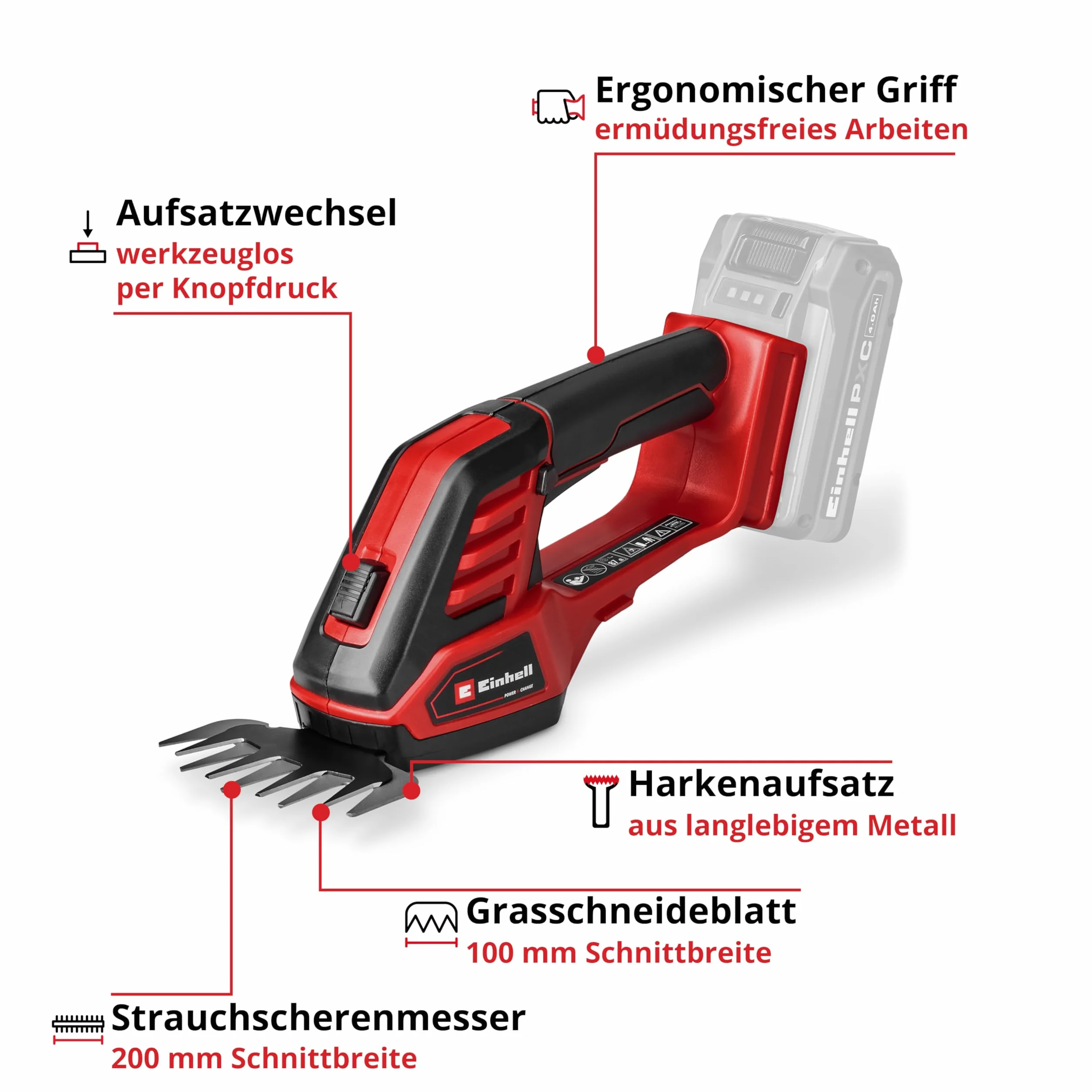 Einhell Akumulatorowe nożyce do trawy/krzewów GE-CG 18/100 Li - 3 w 1-Solo Power X-Change (18 V, w zestawie nóż do cięcia trawy 100 mm, nóż do cięcia krzewów 200 mm, nasadka do grabienia, bez