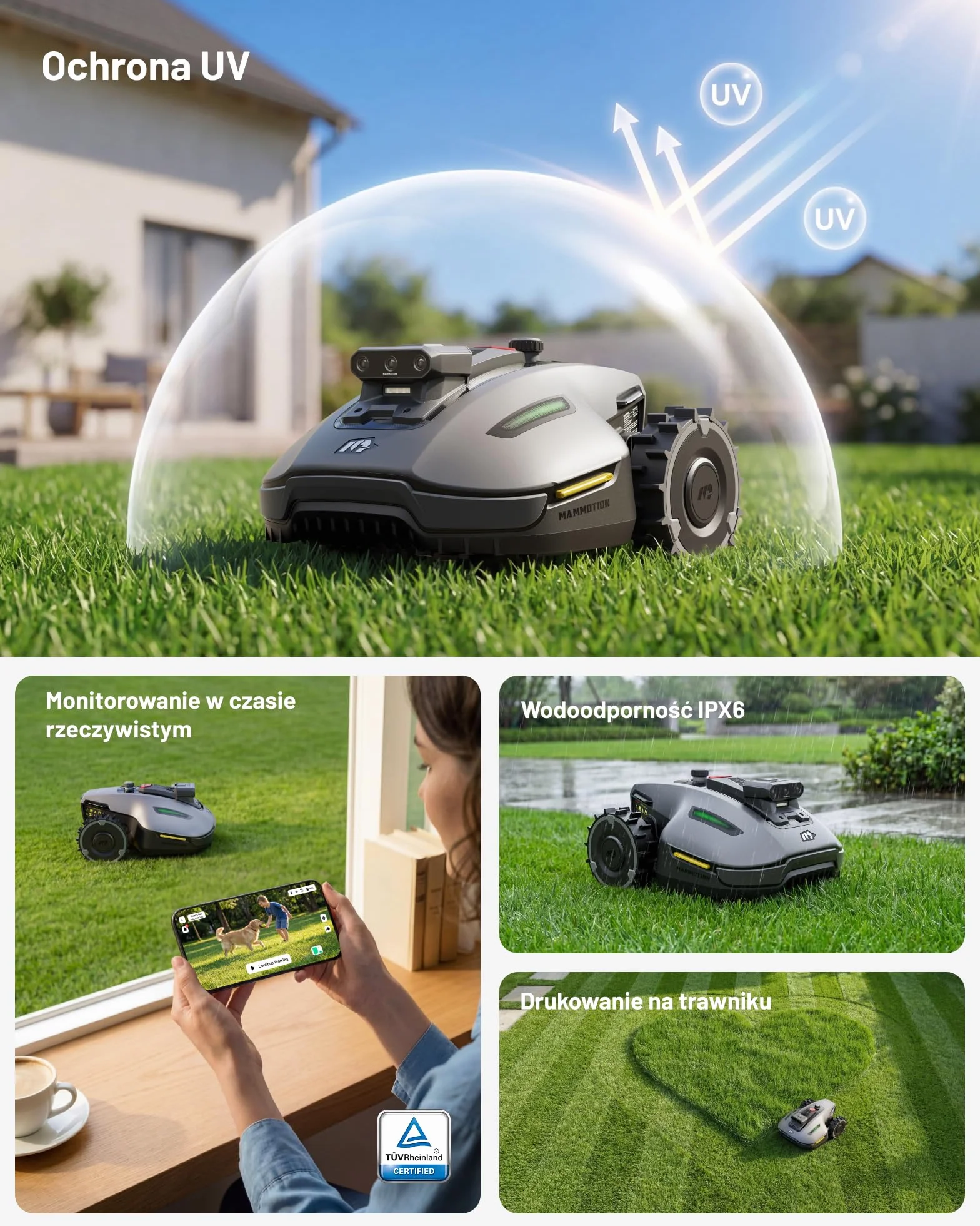 MAMMOTION YUKA mini 2 500 Robot koszący bez przewodu obwodowego, do 500 m², Tri-Cam AI Vision, automatyczne mapowanie wielu stref, DropMow, ręczna edycja mapy, nachylenia 45%