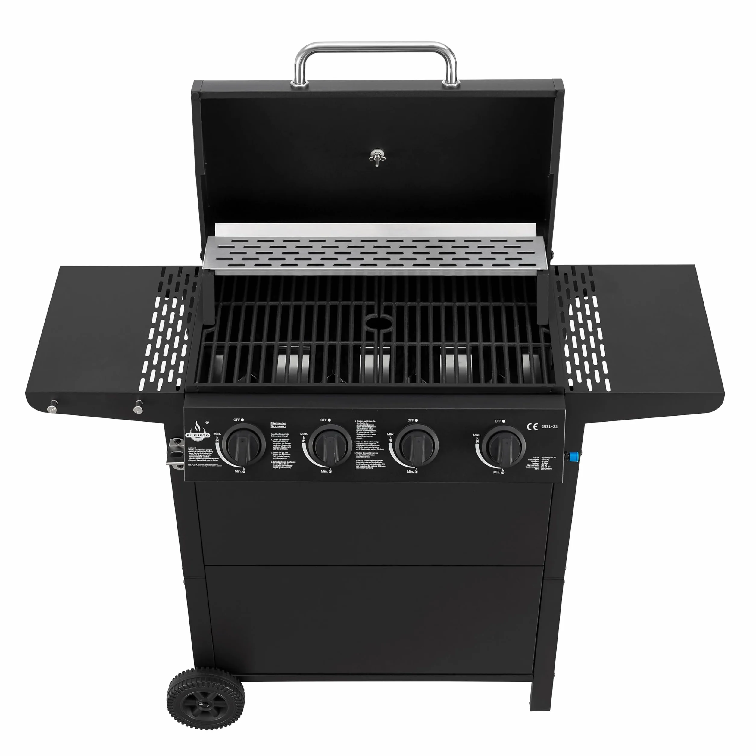 Grill gazowy El Fuego San Jose 4 palniki BBQ z rusztem żeliwnym, termometrem i półkami bocznymi