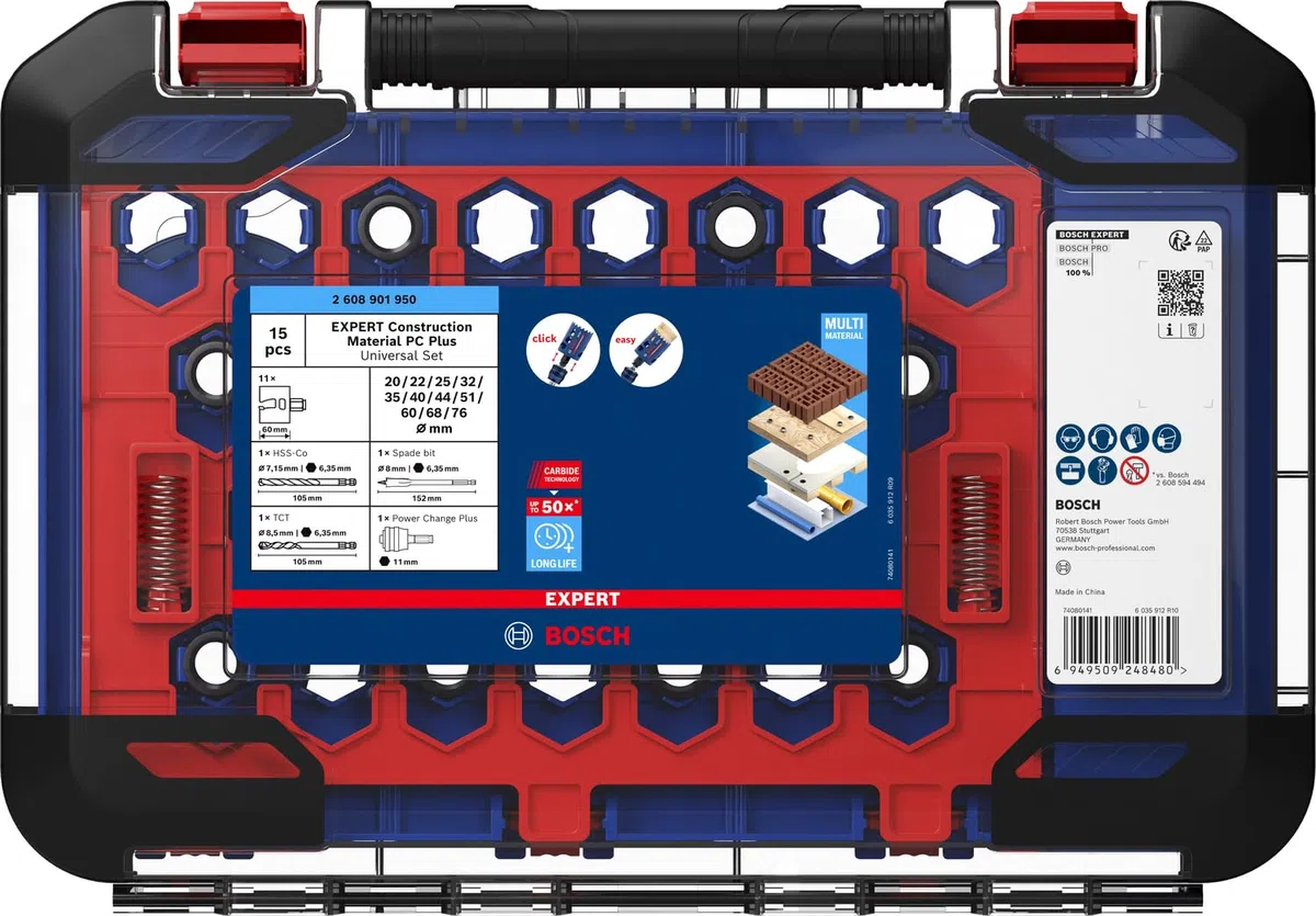 Bosch 15x Zestaw uniwersalnych otwornic EXPERT Construction Material PC Plus (do Miękkie drewno, Płyta wiórowa, Ø 20, 22, 25, 32, 35, 40, 44, 51, 60, 68, 76 mm, Professional Akcesoria Wiertarki)
