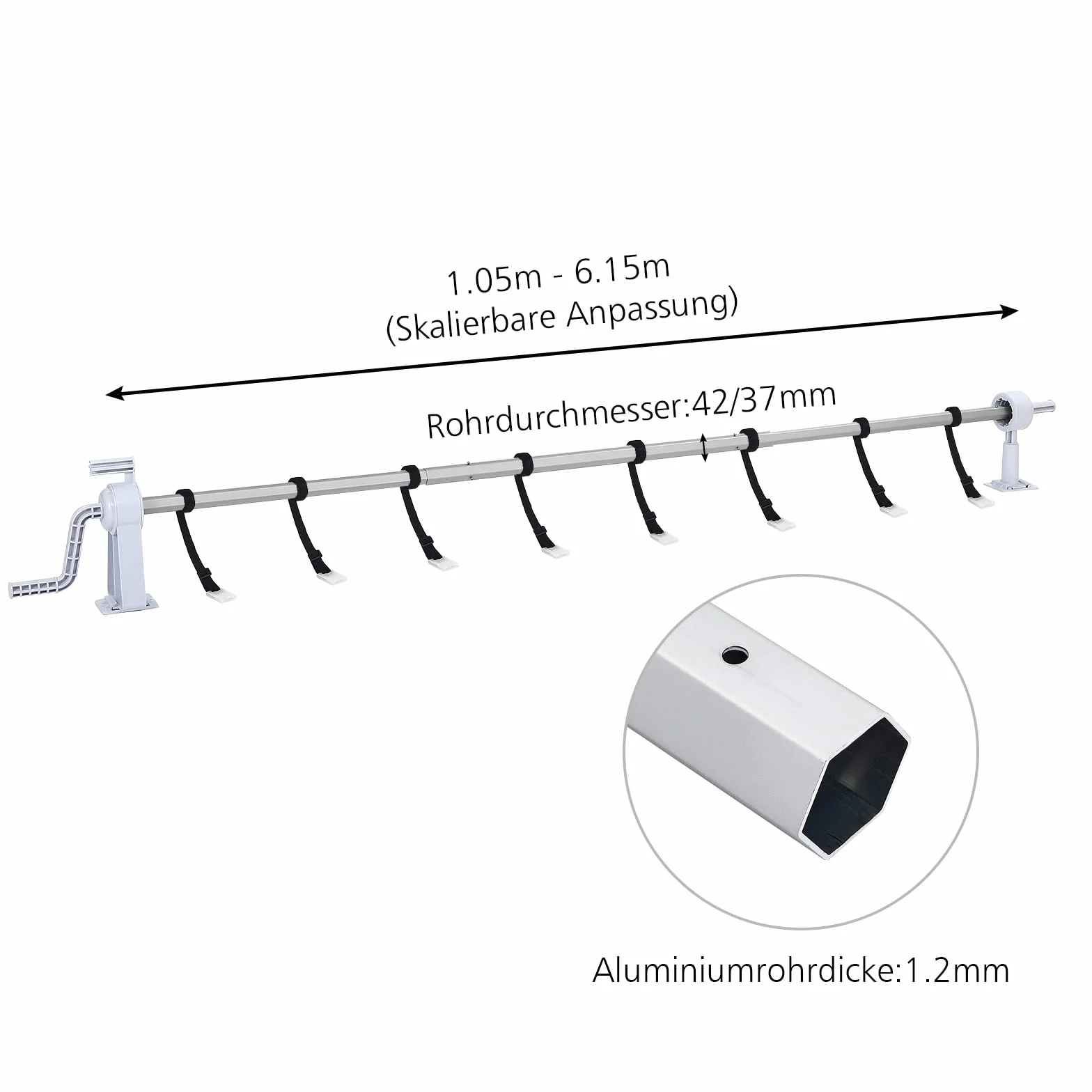 AufuN Zwijacz do basenu Premium 1,05-6,15 m, mobilny system zwijania plandeki basenowej i pokrywy, mechanizm zwijający z kół, materiał odporny na warunki atmosferyczne, w zestawie 8 taśm mocujących