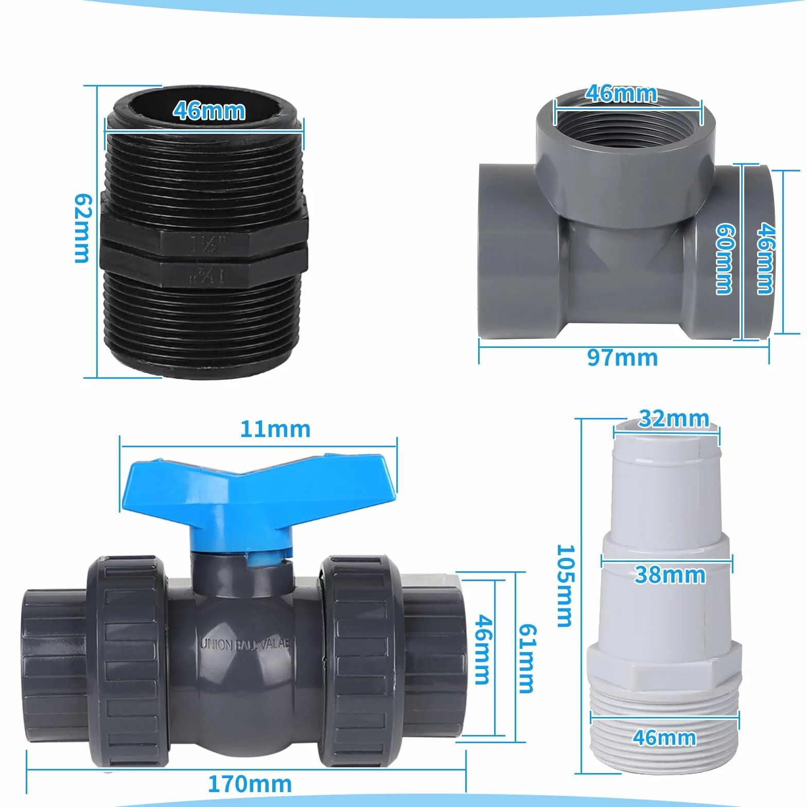 SWAWIS Zestaw Bypass do basenu 32/38 mm pompa ciepła ogrzewanie solarne zawór kulowy PCW DN50
