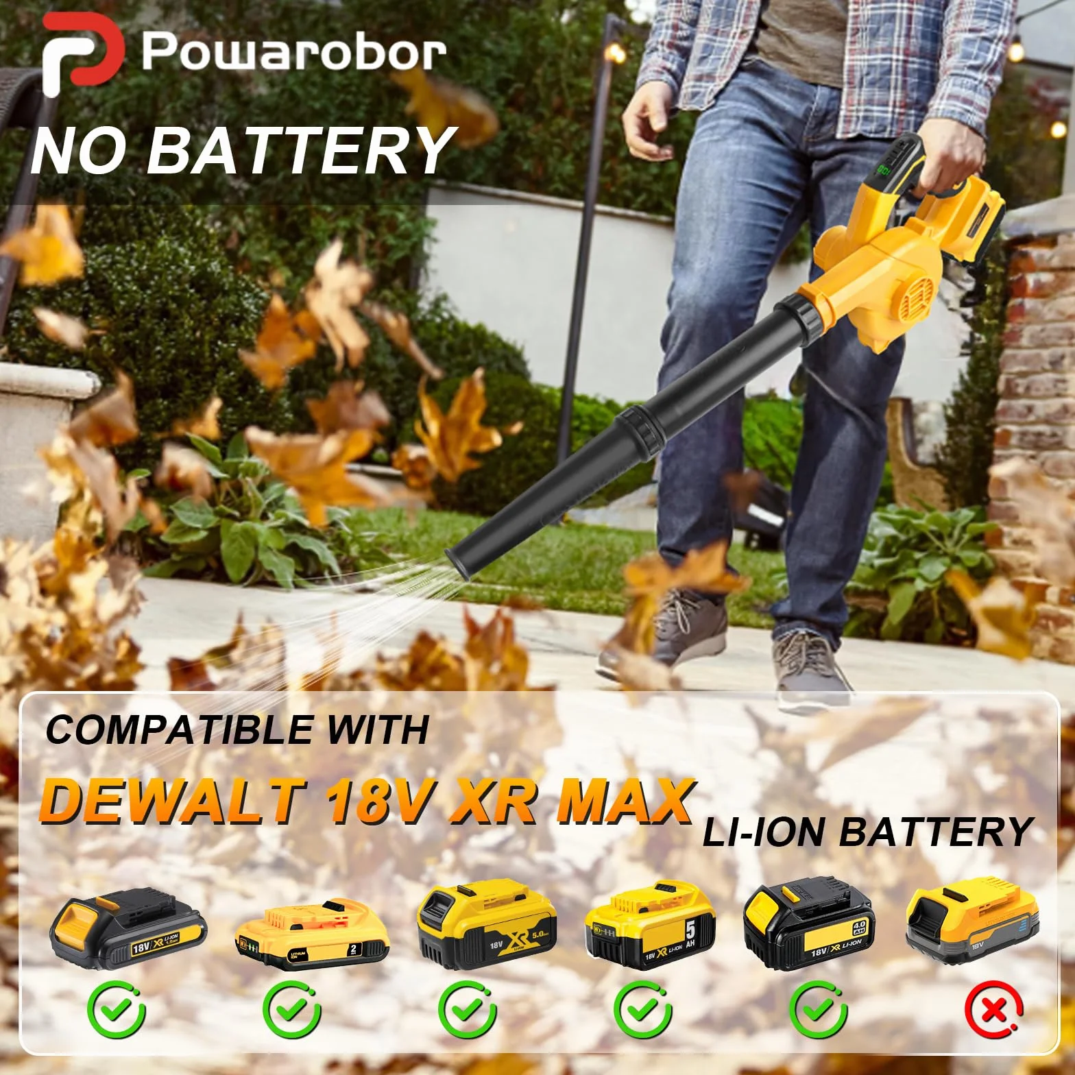Powarobor Dmuchawa do liści na baterie Dewalt 18 V, kompaktowa dmuchawa elektryczna, nadaje się do pielęgnacji trawnika ogrodowego, usuwania kurzu, czyszczenia liści dróg