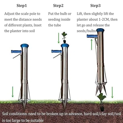 Narzędzie do sadzenia cebul, długi uchwyt, przesadzacz ze stali nierdzewnej z linijką, ergonomiczny, podwójny uchwyt, do sadzenia warzyw, ogrodu, sadzonek, długość 87 cm