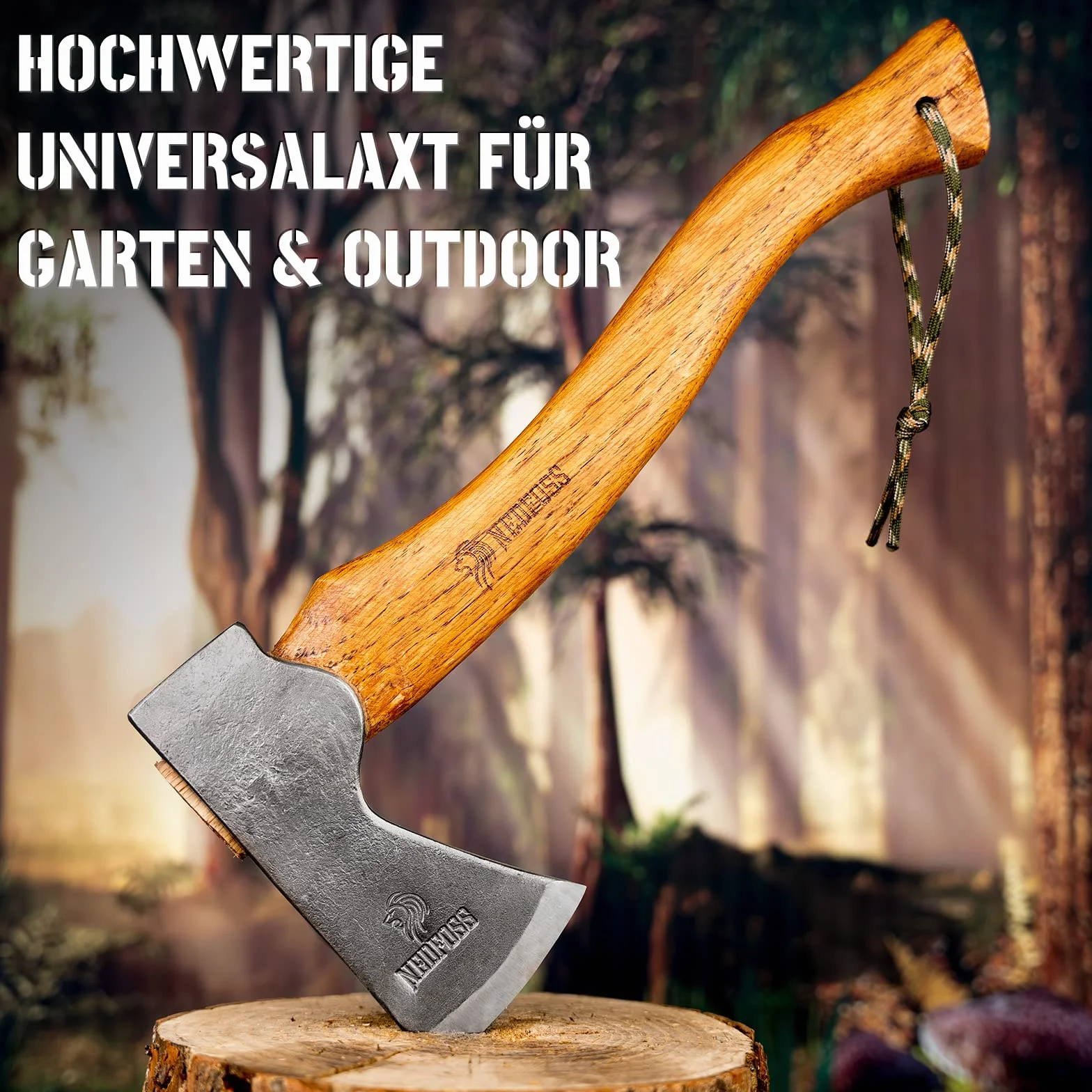 NedFoss Siekiera survivalowa, siekiera wikingów z drewnianym uchwytem, z pochwą, siekiera bushcraft, do rozłupywania, ostra, uniwersalna, wysokiej jakości, do ogrodu, na kemping, na zewnątrz, 38 cm