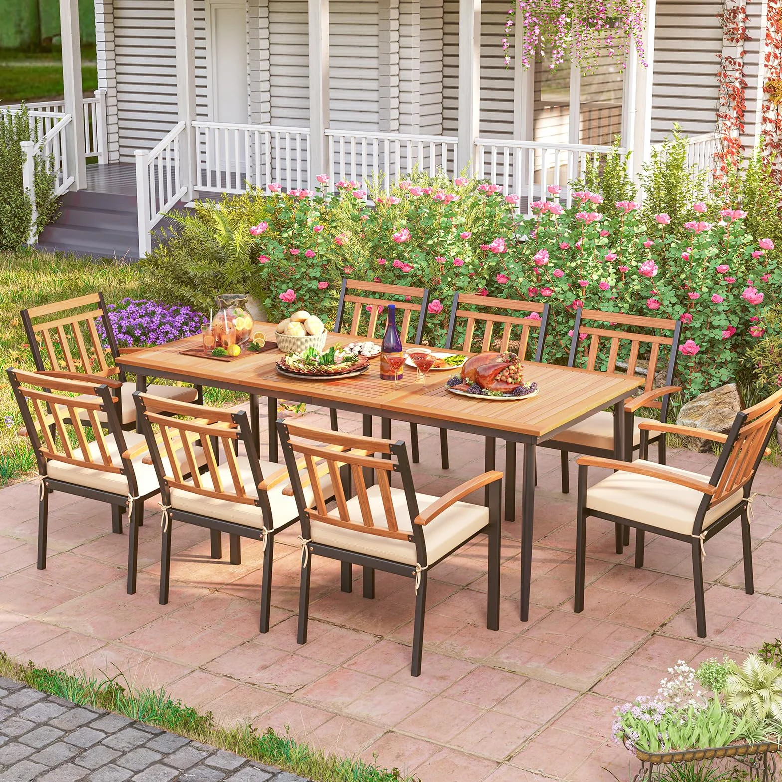 GIANTEX Stół ogrodowy z otworem na parasol Ø 5 cm, prostokątny stół zewnętrzny z drewna akacjowego dla 8 osób, metalowe nóżki, na taras, patio, 200 x 90 x 75 cm