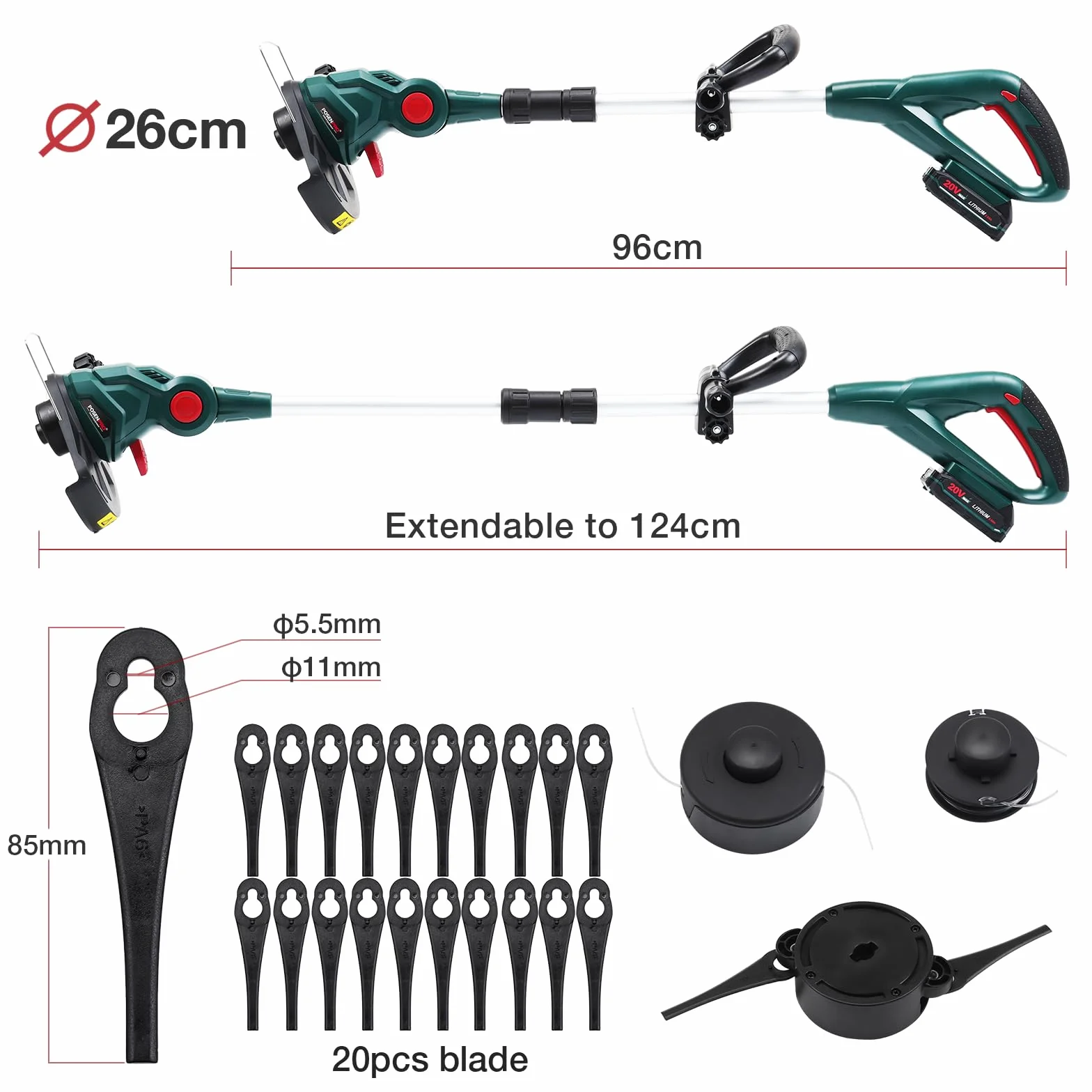 POSENPRO Akumulatorowa Podkaszarka/wykaszarka 2 w 1, 20 V Teleskopowa Podkaszarka do Trawy z 22 Ostrzami z Tworzywa Sztucznego i 2 łyżkami, Akumulator 2000 mAh, 26 cm