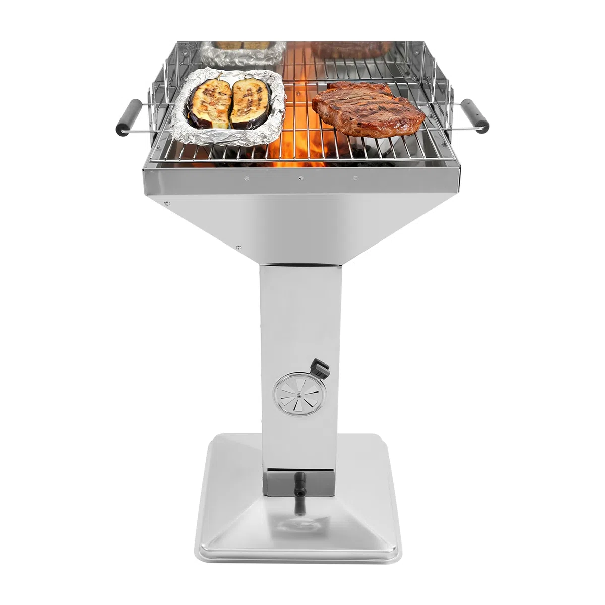 Grill na węgiel drzewny, stal nierdzewna, grill kolumnowy, węgiel drzewny, z regulacją wysokości, ze zdejmowanym rusztem, pojemnikiem na popiół i wentylacją, grill węglowy, do ogrodu, na taras