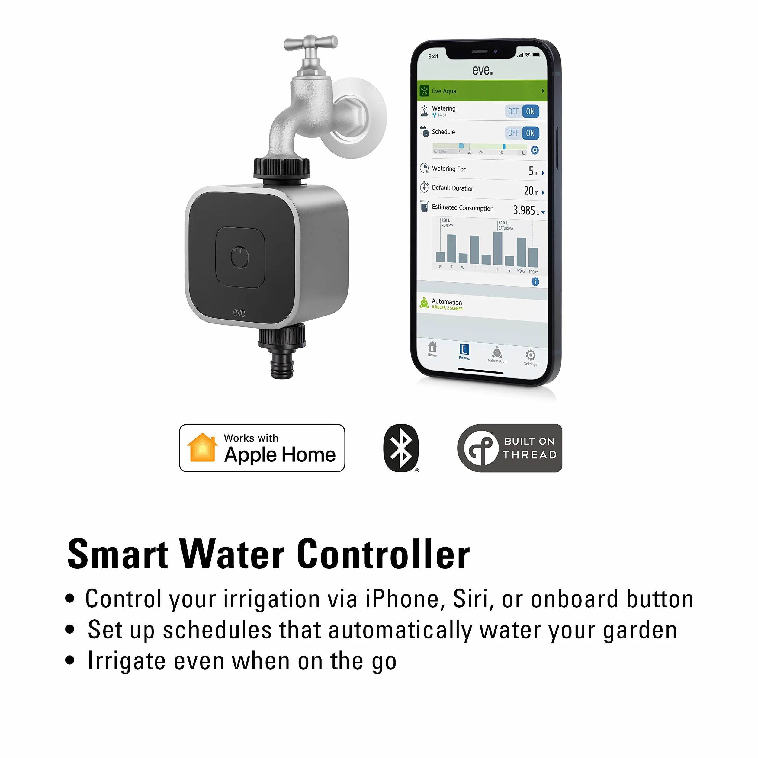 Eve Aqua – inteligentne sterowanie nawadnianiem za pomocą aplikacji lub Siri, automatyczne nawadnianie, harmonogramy czasowe, łatwa obsługa, zdalny dostęp, bez mostka, wątków, HomeKit, srebro