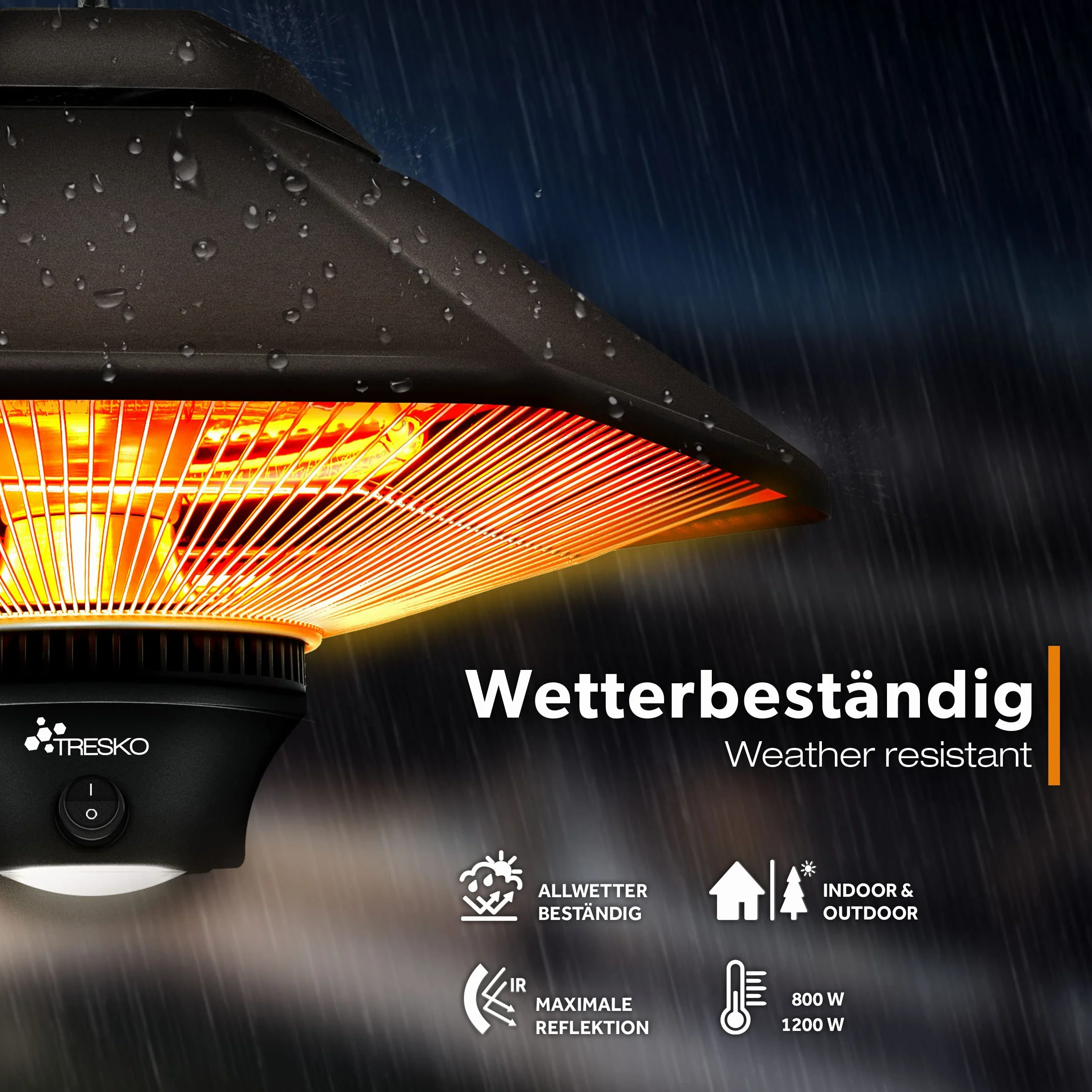 TRESKO Promiennik sufitowy 1200 W z pilotem, 2 stopnie ogrzewania, promiennik podczerwieni