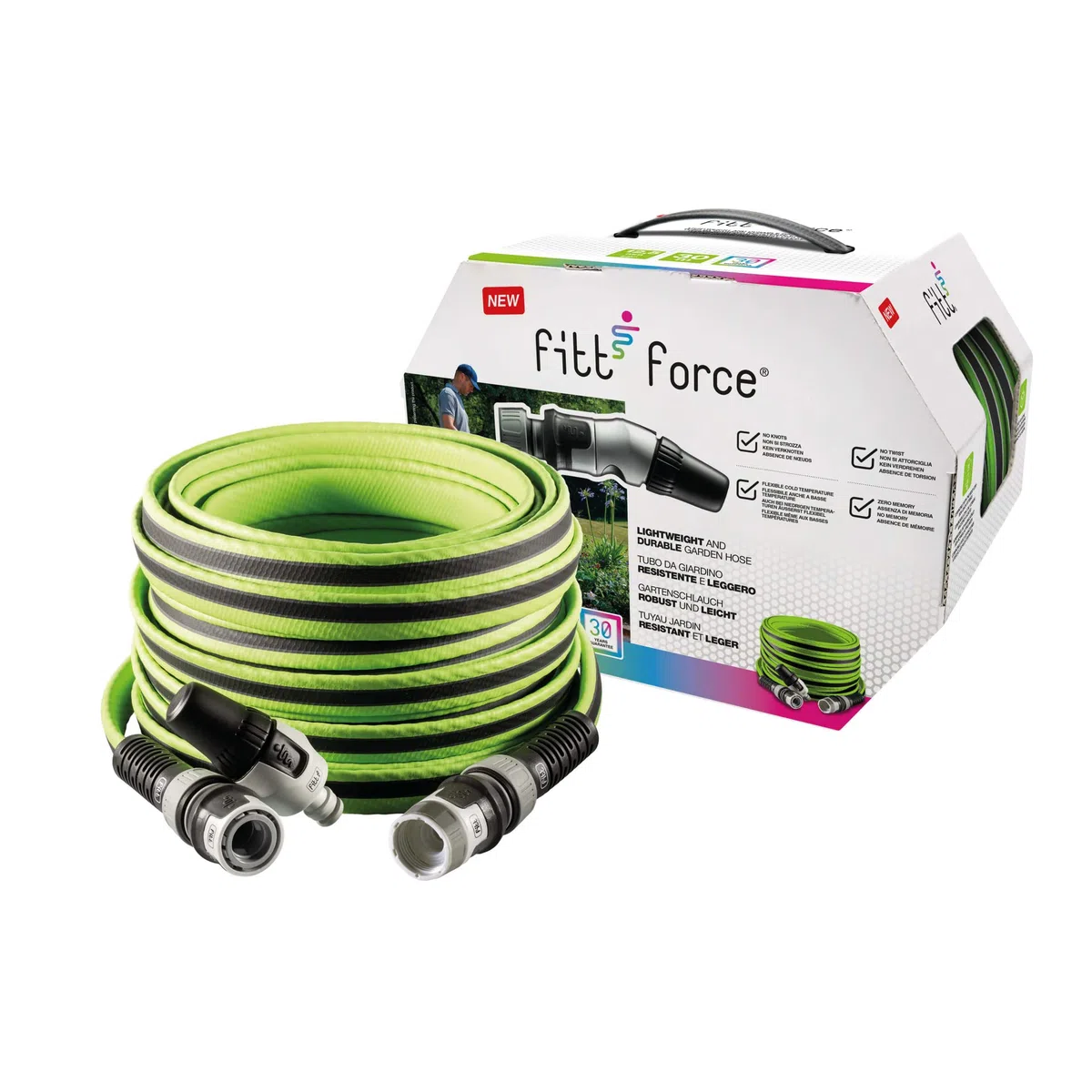 Wąż ogrodowy FITT FORCE 1/2" 15 m do nawadniania, kompaktowy, lekki i trwały, do intensywnego użytkowania z lancą, kolor limonkowy