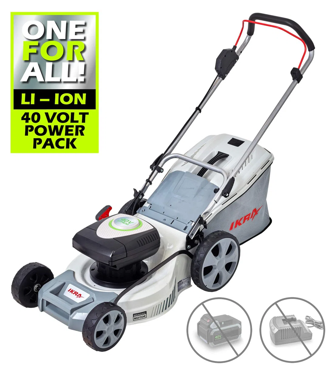 IKRA 77003500 IAM 40-4325 TwinPower kosiarka z akumulatorem, 2 x 40 V, pojemnik na trawę 50 l, szerokość cięcia 43 cm, 40 V, szary/czerwony/czarny