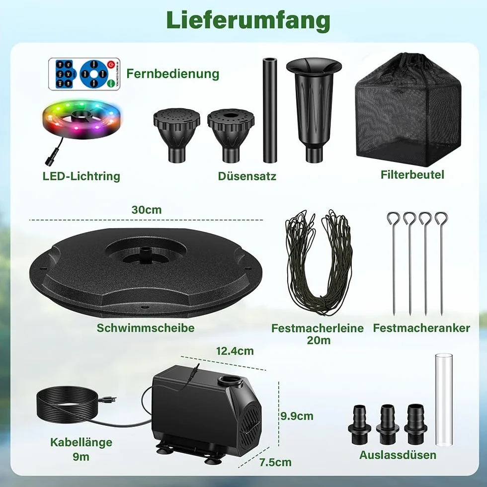 Fontanna pływająca LED 2500 l/h do stawu ogrodowego, pompa 9 m kabel, 3 tryby, mrozoodporna