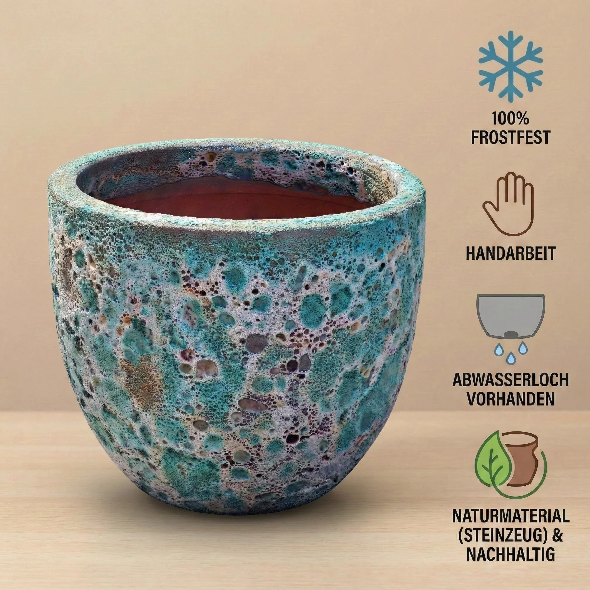 Teramico Donica na rośliny klasy premium, ceramiczna, glazurowana – 100% odporna na mróz i ręczne wykonanie. Donica na kwiaty z otworem do użytku na zewnątrz i wewnątrz. Wysokiej jakości ozdobna