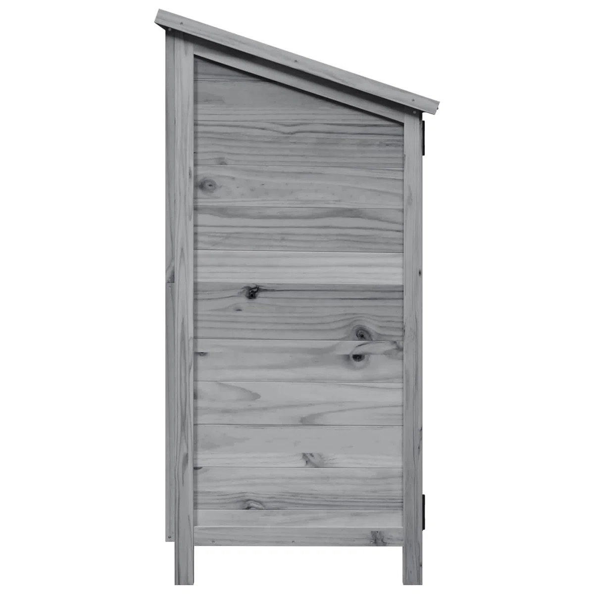 Domek ogrodowy, szary, materiał drewnopochodny, 106 x 56 x 113,5 cm, z drzwiami wentylacyjnymi i nachylonym dachem asfaltowym, schowkiem na narzędzia ogrodowe, narzędzia, rower, odporne na