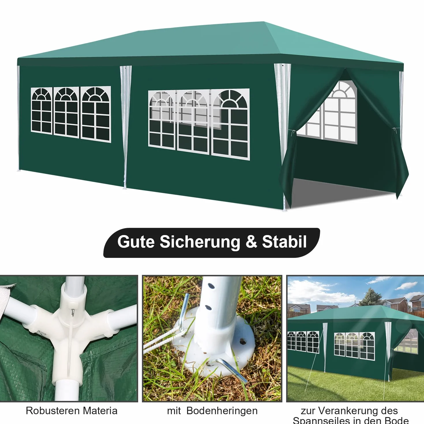Daromigo Pawilon ogrodowy, 3 x 6 m, wodoszczelny, zielony, namiot ogrodowy, namiot imprezowy, ochrona przed promieniowaniem UV, z częściami bocznymi i dużymi oknami, stabilny, odporny na zimę, na