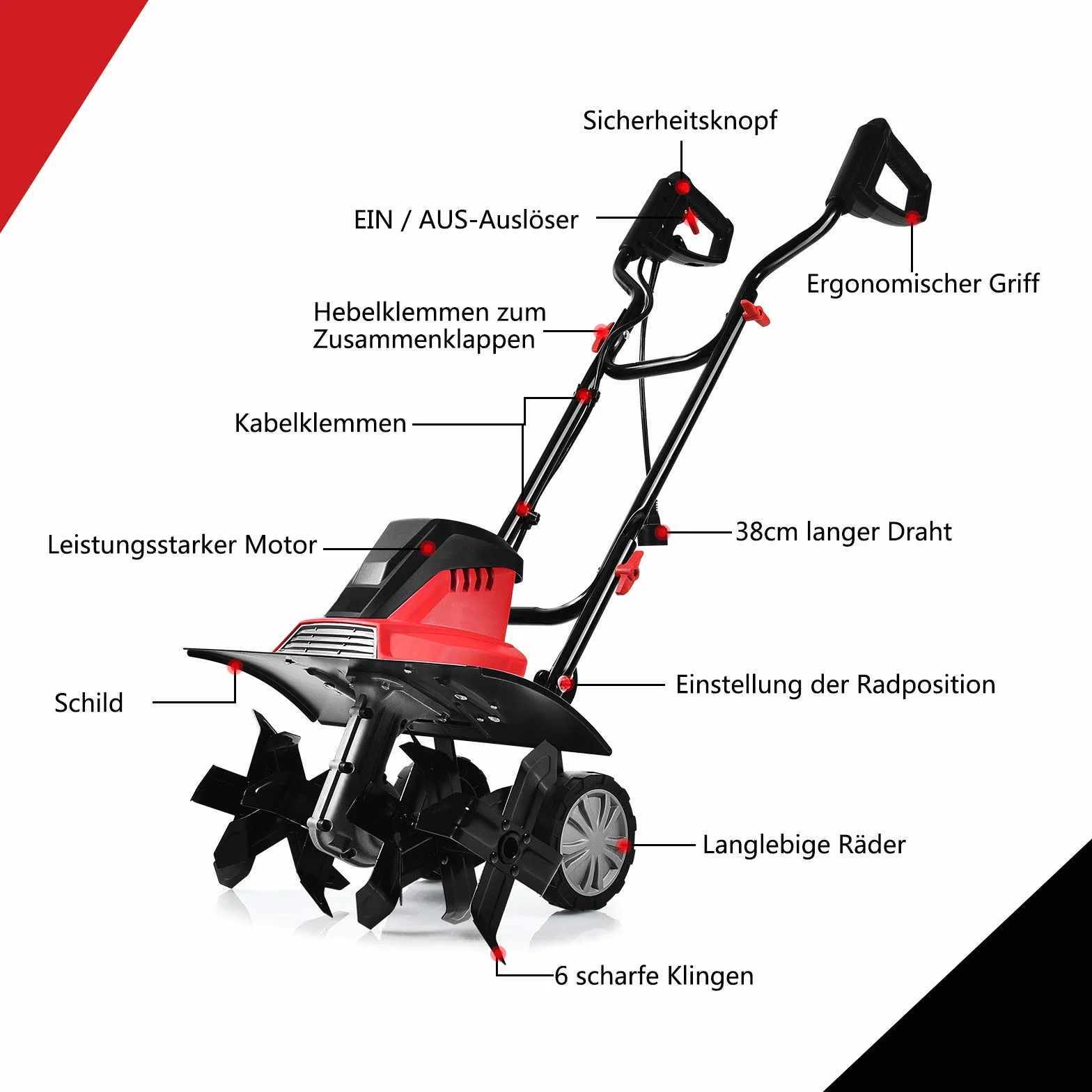 COSTWAY Elektryczna glebogryzarka 1500 W składana 6 noży głębokość robocza 22 cm szerokość robocza 43 cm