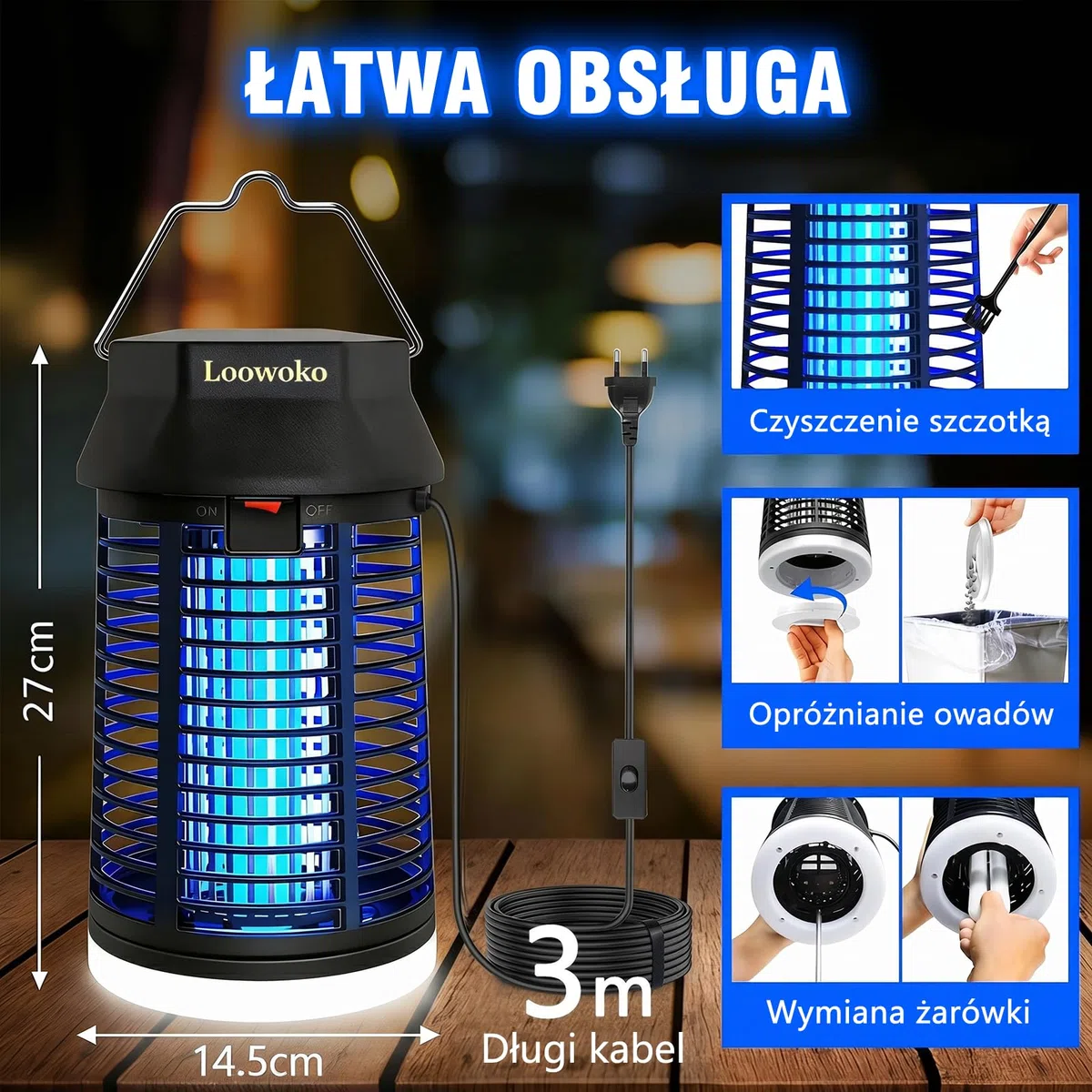 Loowoko Elektryczna pułapka na owady, z przedłużonym kablem o długości 3 m, 4200 V, lampa na komary ze światłem LED, wodoszczelna, elektryczna pułapka na komary, lampa przeciw komarom, do użytku