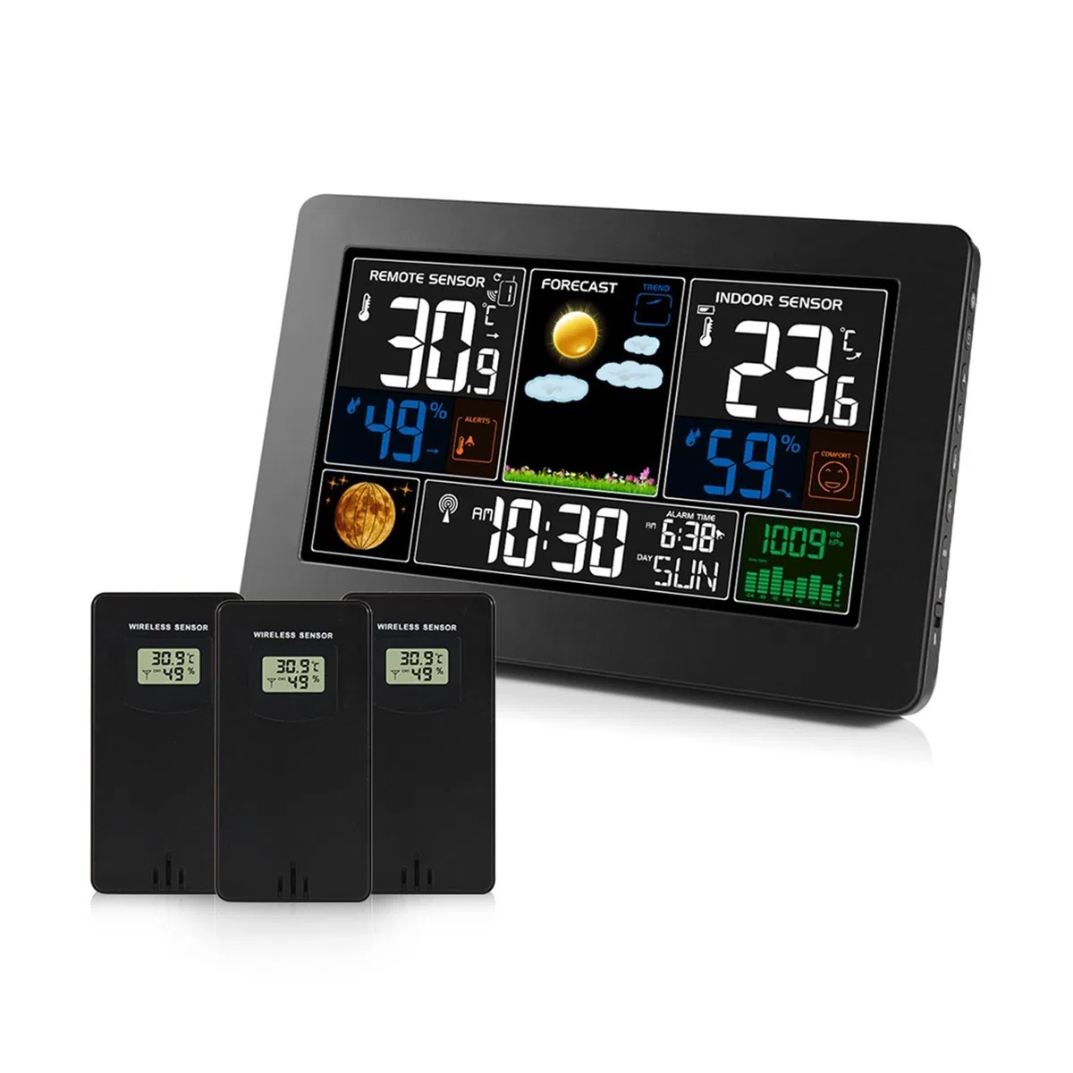 Cyfrowy termometr stacja pogodowa higrometr barometr elektroniczny zewnętrzny czujnik bezprzewodowy duży ekran zegar ścienny do domu DokłAdne I łAtwe Do Odczytania(Black 3)