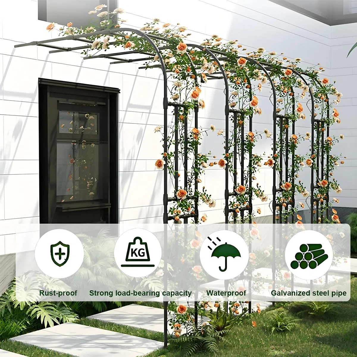 Łuk ogrodowy, kratka do roślin pnących, półboczna metalowa altana do róż i winorośli, solidna pergola zewnętrzna, zielona, szer. 2,7 x wys. 2,40 m, idealna na wesela i dekoracje ogrodowe